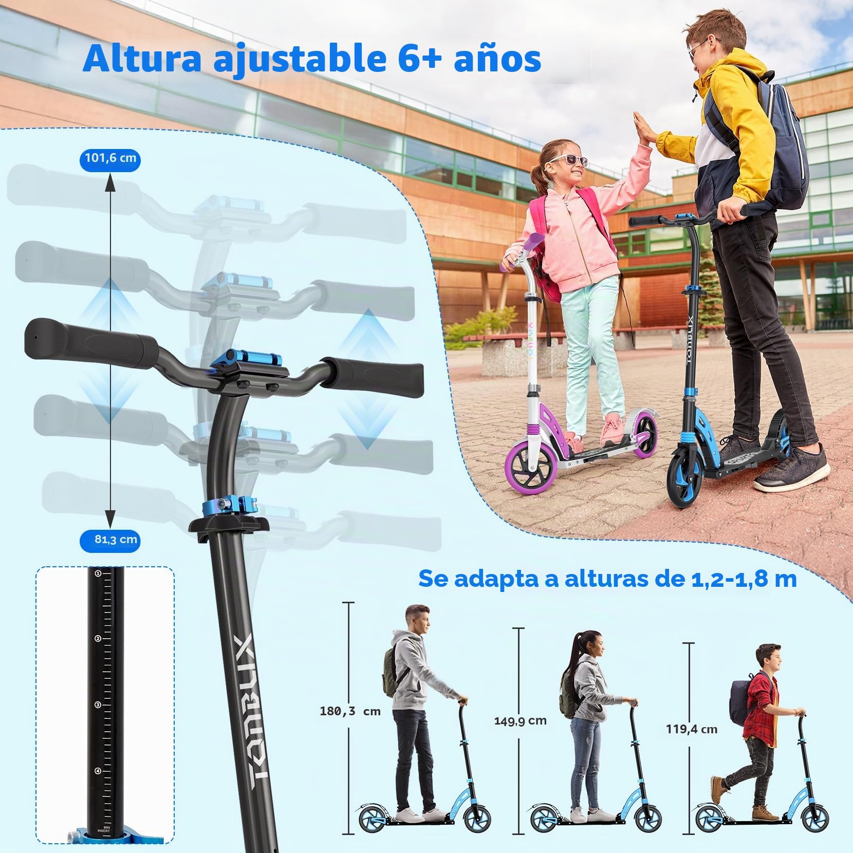 TONBUX Patinete para Niños de 6, 7, 8 y 9 años en Adelante,Patinete de Aluminio para Adultos,Sistema de Doble Suspensión para Scooter Urbano,Scooter Plegable y Regulable en Altura