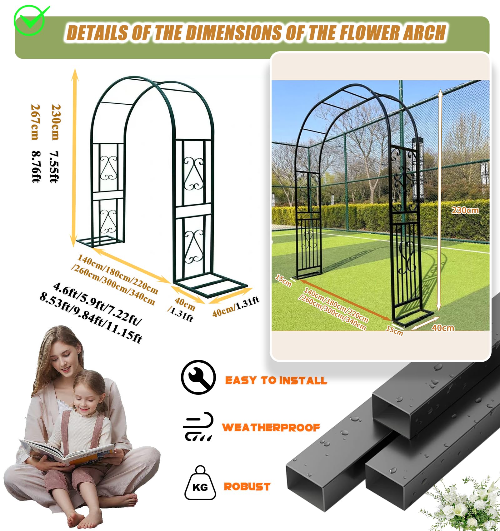 Arco de Rosa,260x230cm Arco Metálico de Jardín,Estructura Resistente a la Intemperie,Ideal para Jardín,Boda y Decoración Exterior(L260xW40xH230cm) Bronce-B