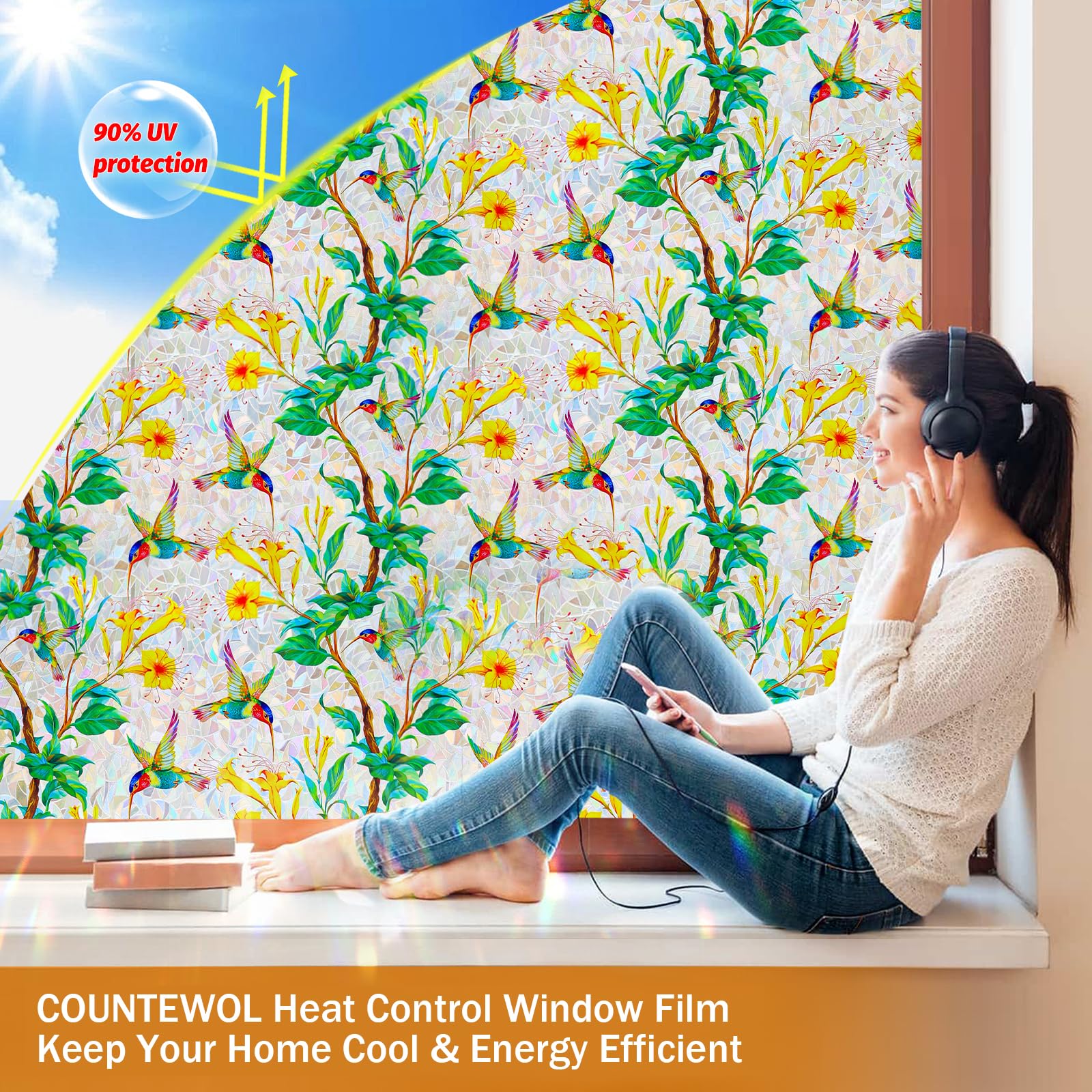 COUNTEWOL Bunte Sichtschutzfolie mit Vogel- und Blumenmuster, Buntglas-Fensterfolie, Regenbogen-Fensterfolie, nicht klebend, wiederverwendbar, dekorativ für Zimmer, Kolibriblüte, 44,5 x 499,8 cm