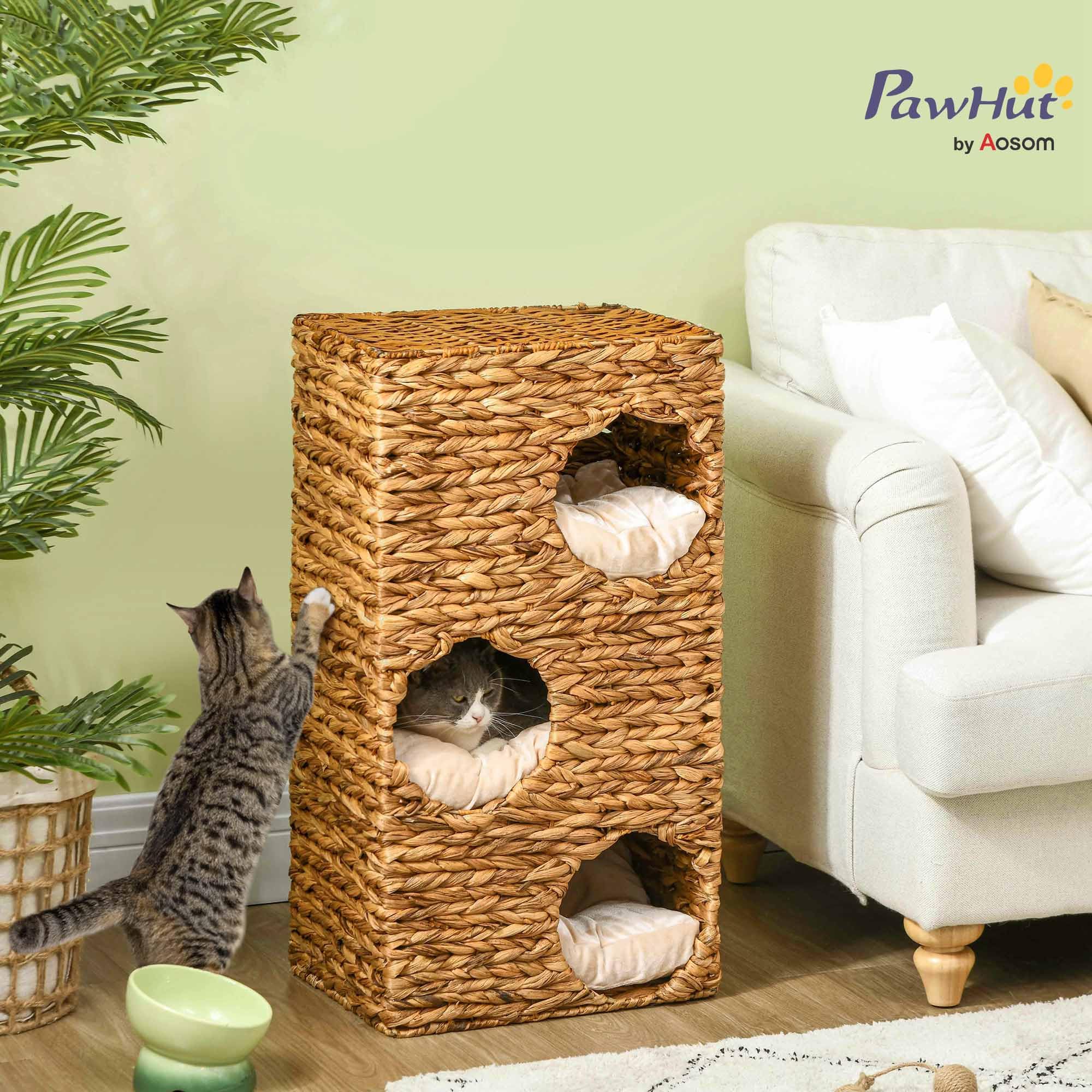 PawHut barril rascador, barril para gatos de 76 cm de altura con 3 cuevas, cojines lavables, poste rascador, torre para gatos hecha de jacinto de agua, marrón claro