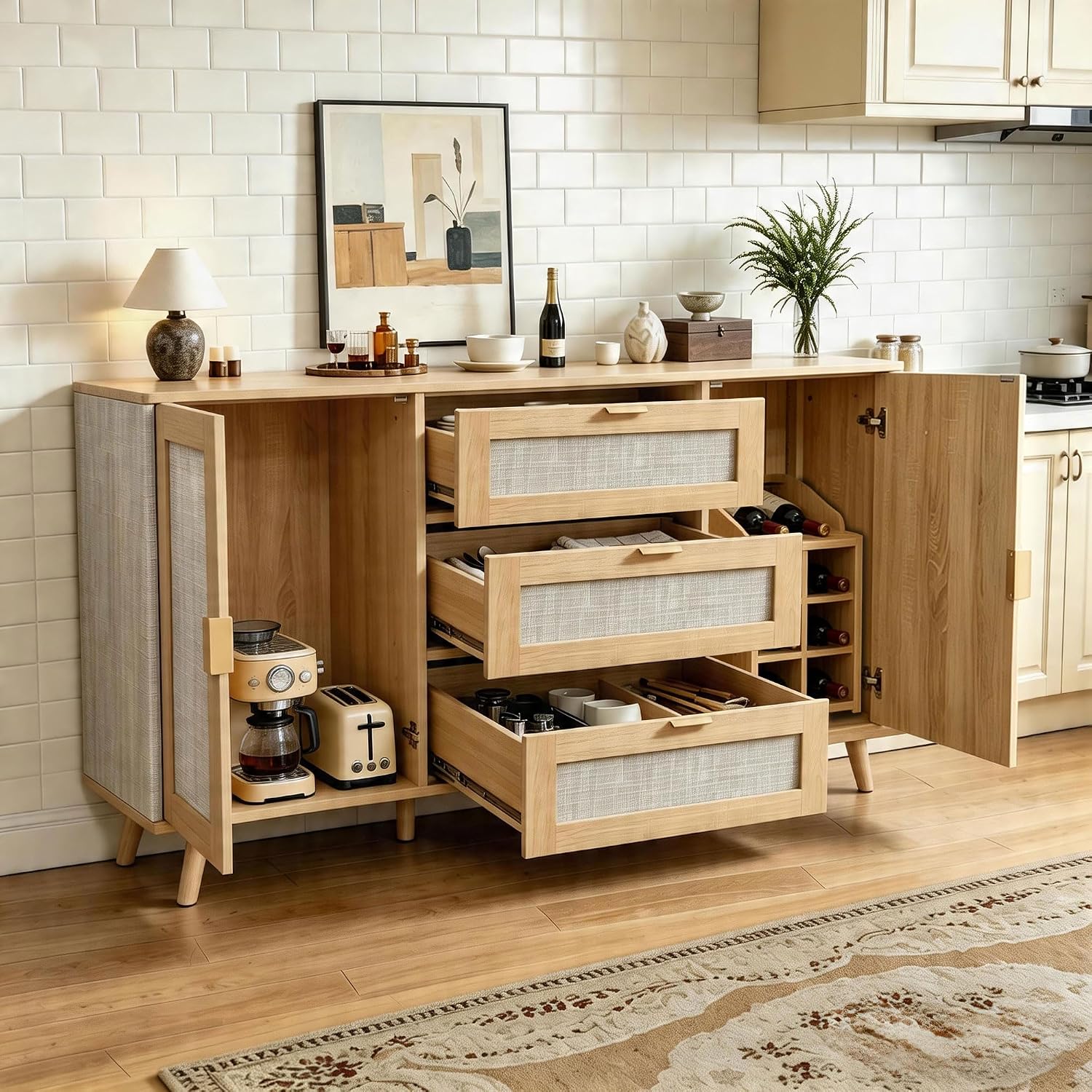 63" Farmhouse Sideboard Buffet Cabinet with 3 Drawers 2 Doors, Wood Coffee Bar Cabinets with Storage for Kitchen Living Room
