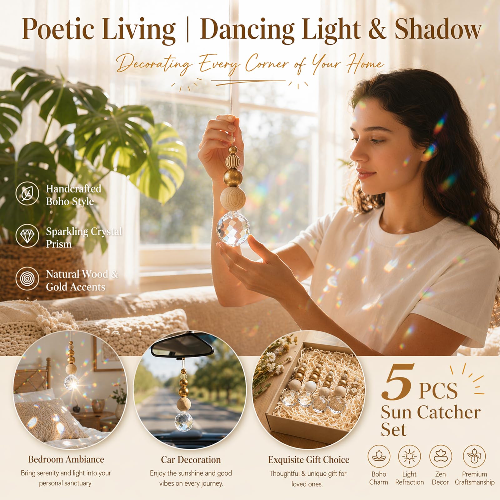 Yuragim Kristall Sonnenfänger Bastelset, 5er Set Suncatcher mit Holz- & Kristallkugel, Skandinavische Wohnraum Dekoanhänger DIY Sonnenfänger Basteln Garten Windspiel Hängedeko Lichtspiel Fenster