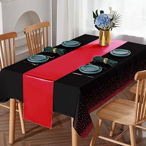 Miniatura 4 de Juego de 16 manteles desechables de plástico para fiestas y camino de mesa de satén negro y rojo, mantel de satén rojo para bodas, cumpleaños, baby