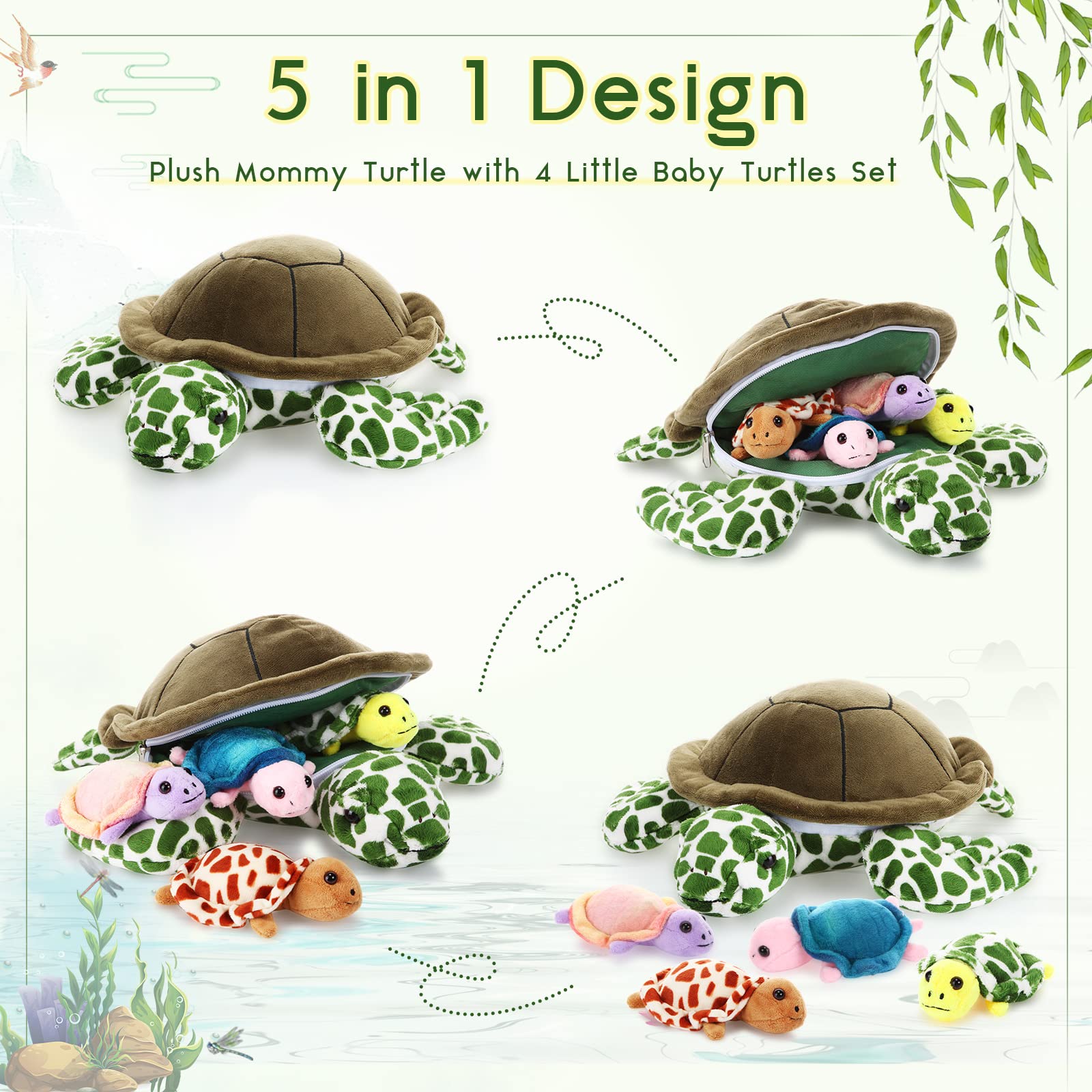 Aoriher 5 Pieces Plush Turtle Set Stuffed Turtle 12 Inch Stuffed Sea Turtle Mom with 4 Little Turtles Soft Plush Stuffed Animal Toys Tortoise Hugging for Birthday Easter, Christmas(Vivid Style) - Image 4