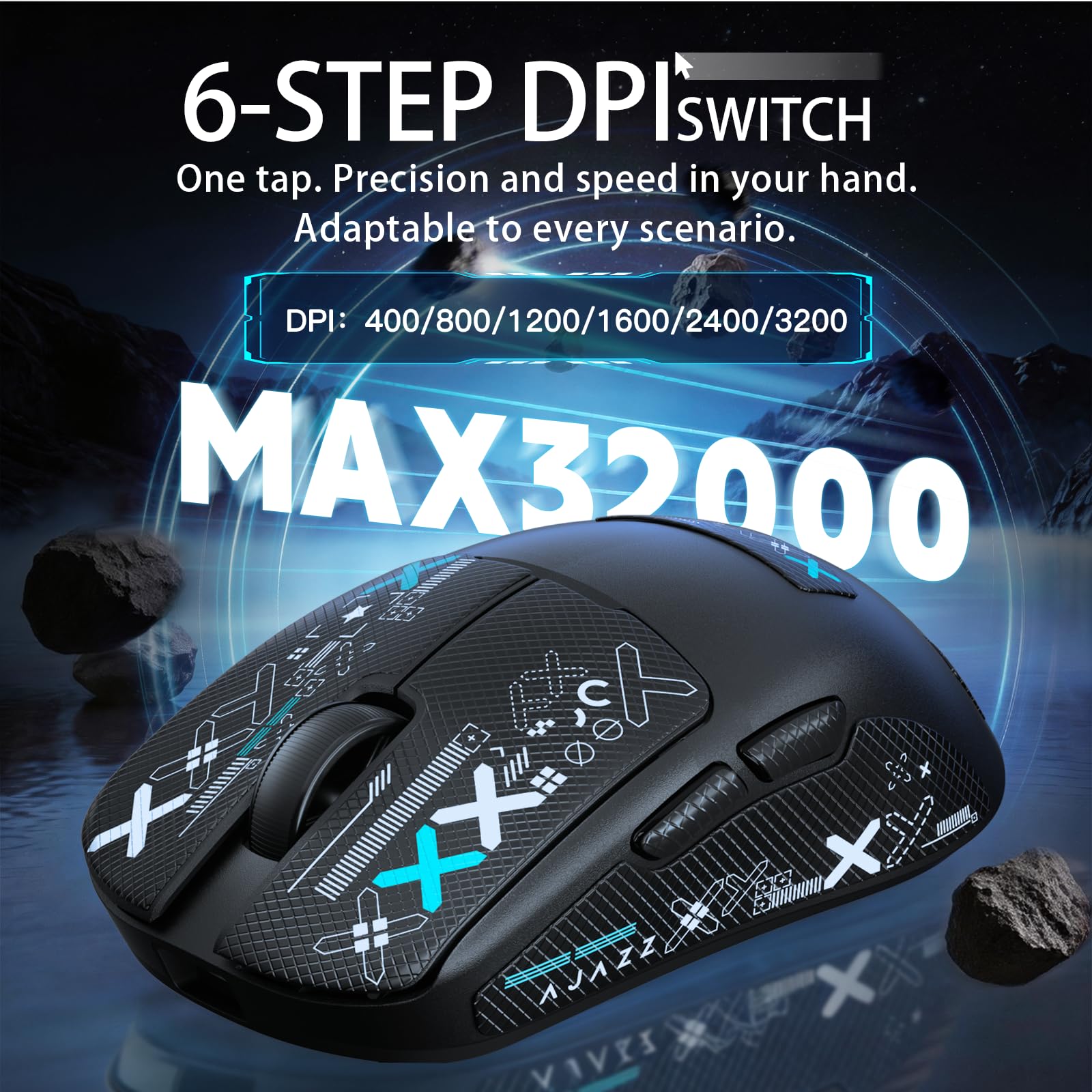 FREEWOLF X AJAZZ AJ159 V2 Ratón Gaming Inalámbrico, Batería Hot Swap, Triple Modo (2.4G/Bluetooth/Cableado), Sensor PAW3395, Ultraligero 54 g, Hasta 32000 DPI, Tasa de Sondeo 1000Hz (Nero-B)