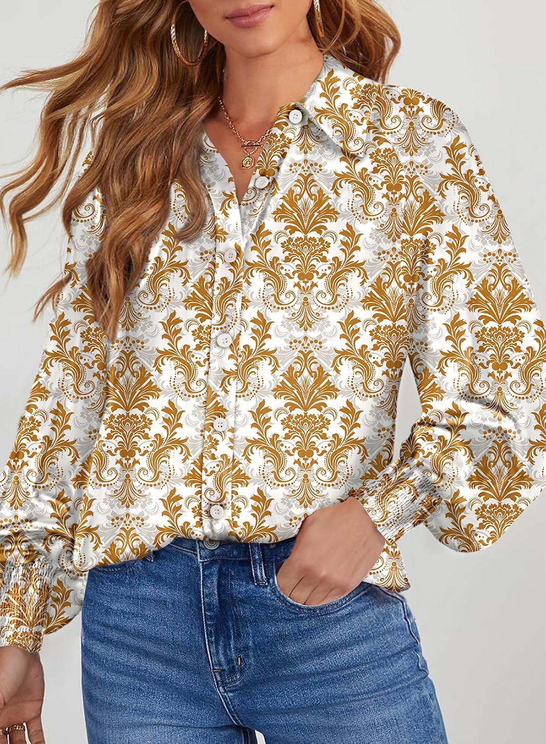 Dokotoo Women's Casual V Neck Allover Floral Print Long Sleeve Chiffon Button Down Blouses Bohemian Top Shirts - Image 2