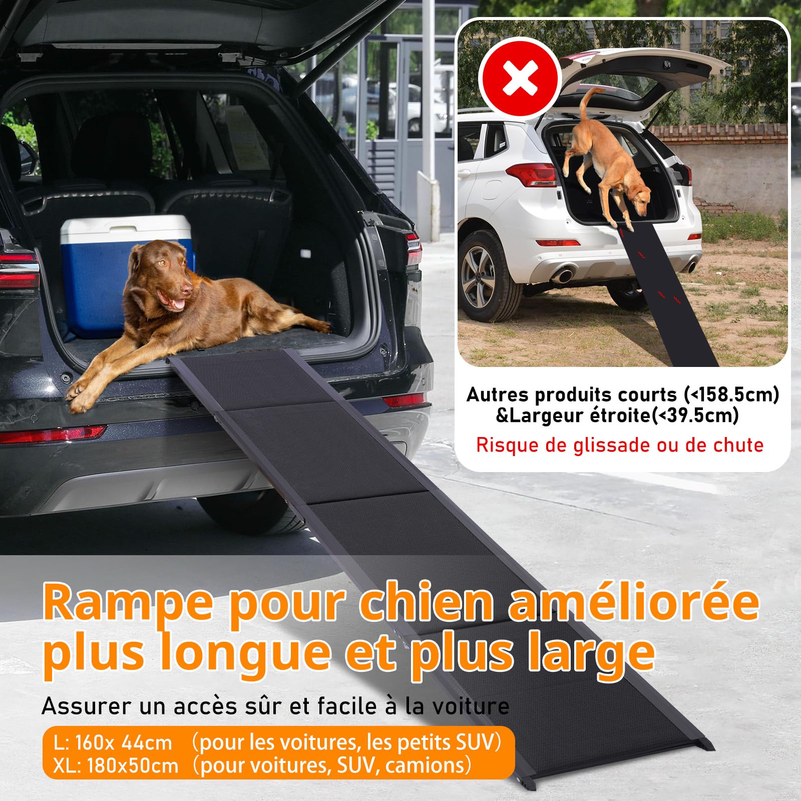 Rampe pour Chien Voiture Pliable 180 x 50 cm, jusqu'à 70 kg, Surface Antidérapante, Cadre en Aluminium Léger