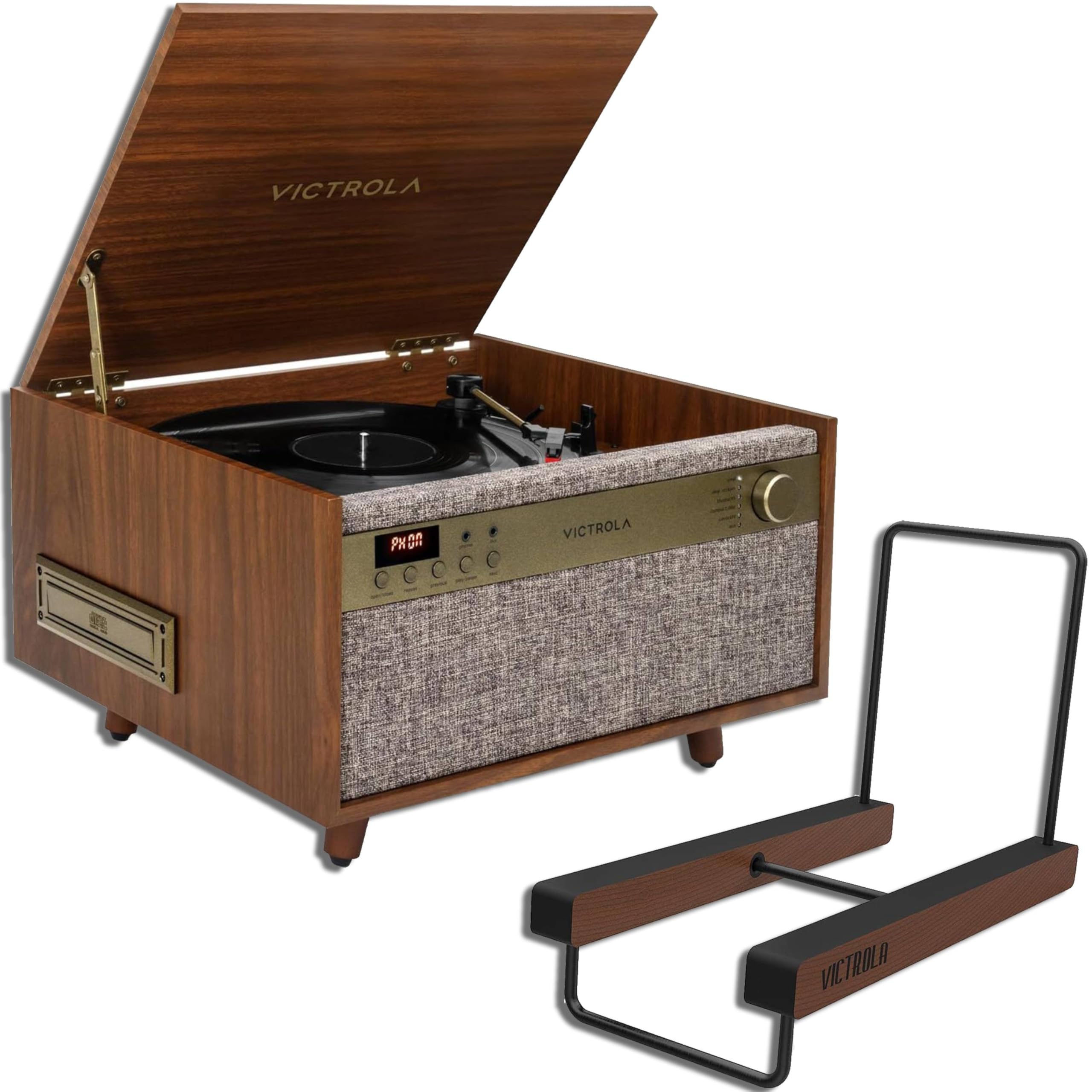 Victrola Century 6-in-1 Vinyl Record Player &amp; Music Center (Walnut) + The Stand – Tabletop Vinyl Record Holder &amp; Organizer (Espresso), Mid Century Music Bundle