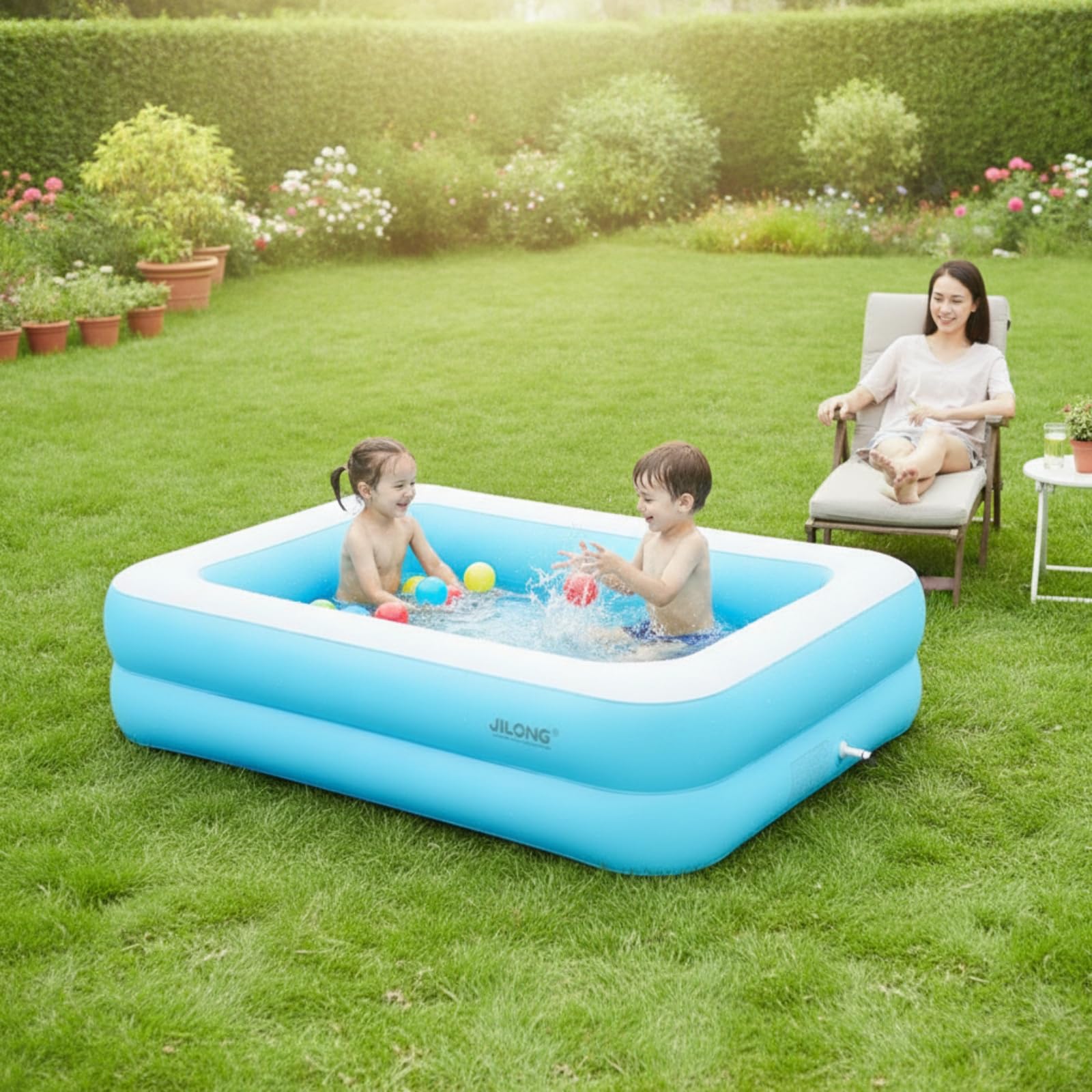 Rectangular Inflatable Pool Easy Setup Inflatable Pool with Two Rings Leak-Resistant Long-Lasting for Family, Kids, Backyard, Garden, Patio, Blue Wht 2-Ring Pool-image-48