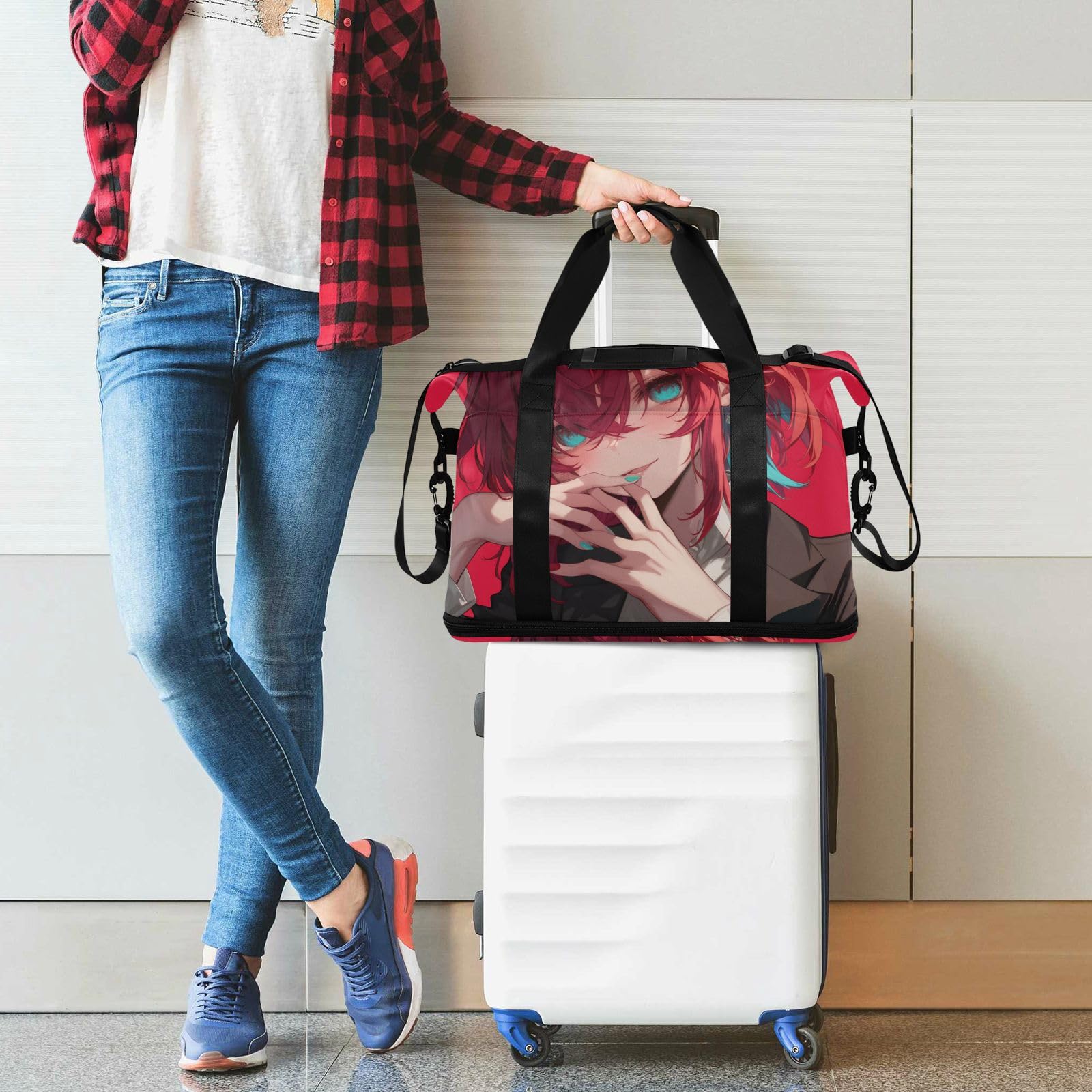 Anime Cool Red Bolsa de viaje con bolsillo húmedo, correa ajustable, bolsa de entrenamiento para viajes de negocios, multifuncional para hombres y mujeres