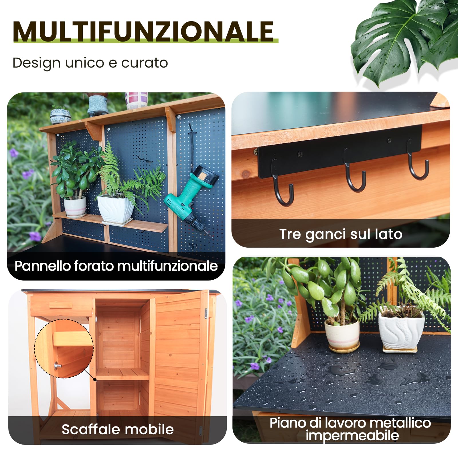 Armadio da giardino in legno resistente alle intemperie, per esterni, con parete forata, cassetti e spazio di archiviazione, resistente alle intemperie, per la cucina all'aperto, con ripiani e