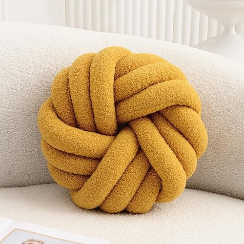 Miniatura 1 de Almohada de nudo amarillo de 13.7 pulgadas, almohada redonda de felpa suave, almohada anudada hecha a mano, cojín de almohada anudada moderna para