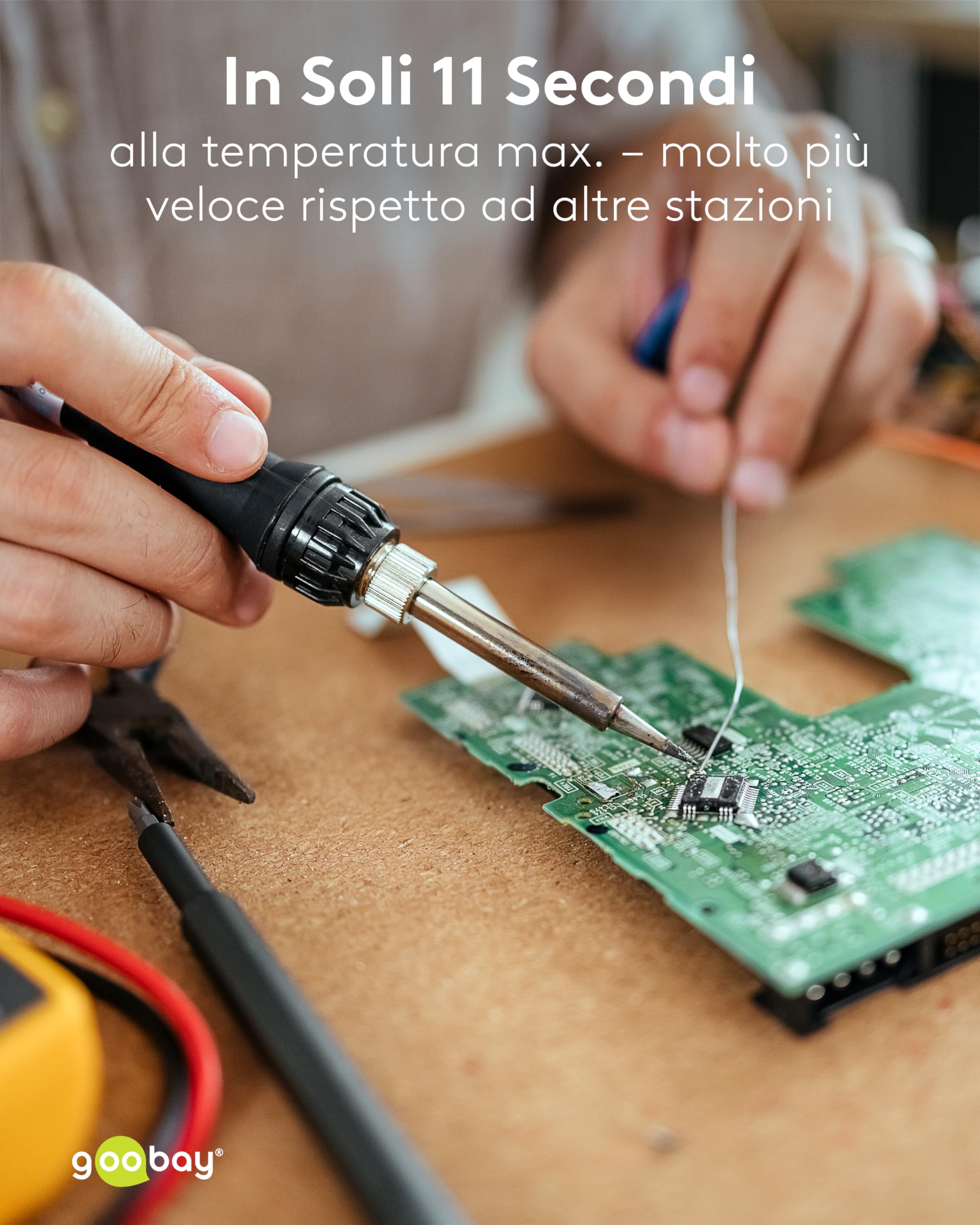 Stazione di saldatura digitale goobay 70 W, 160–480 °C, tempo di riscaldamento 8 sec, display LED, funzione di memoria, incrementi di 1 °C, per elettronica, modellismo, incl. saldatore e accessori