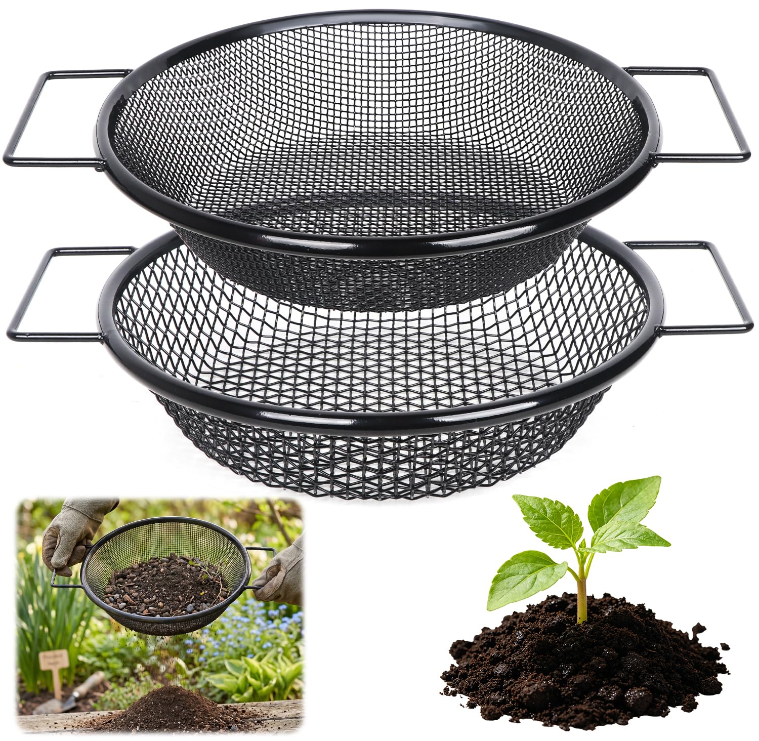 Solkraes 2PCS Metal Garden Soil Sieve with Handle, Black Garden Riddle Set, Caliber 3mm & 6mm Mesh Soil Sifter, Gardening Sand Mesh Sifter for Compost, Sand, Stones, Rocks, Dirt and Gravel
