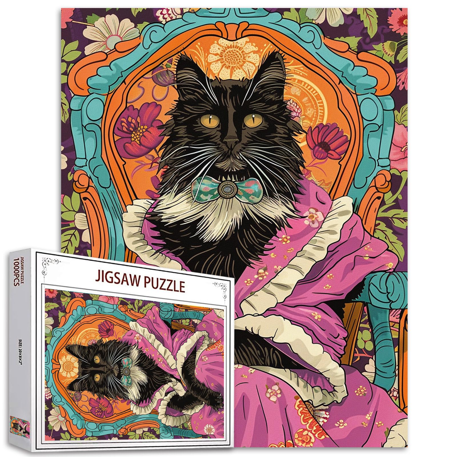Black Cat in Clothes Sitting on the Couch 1000 Piece Jigsaw Puzzle for Adults, Jungle Animal Flower Art DIY Puzzle for Home Decor, Family Game Nights, Great Gift