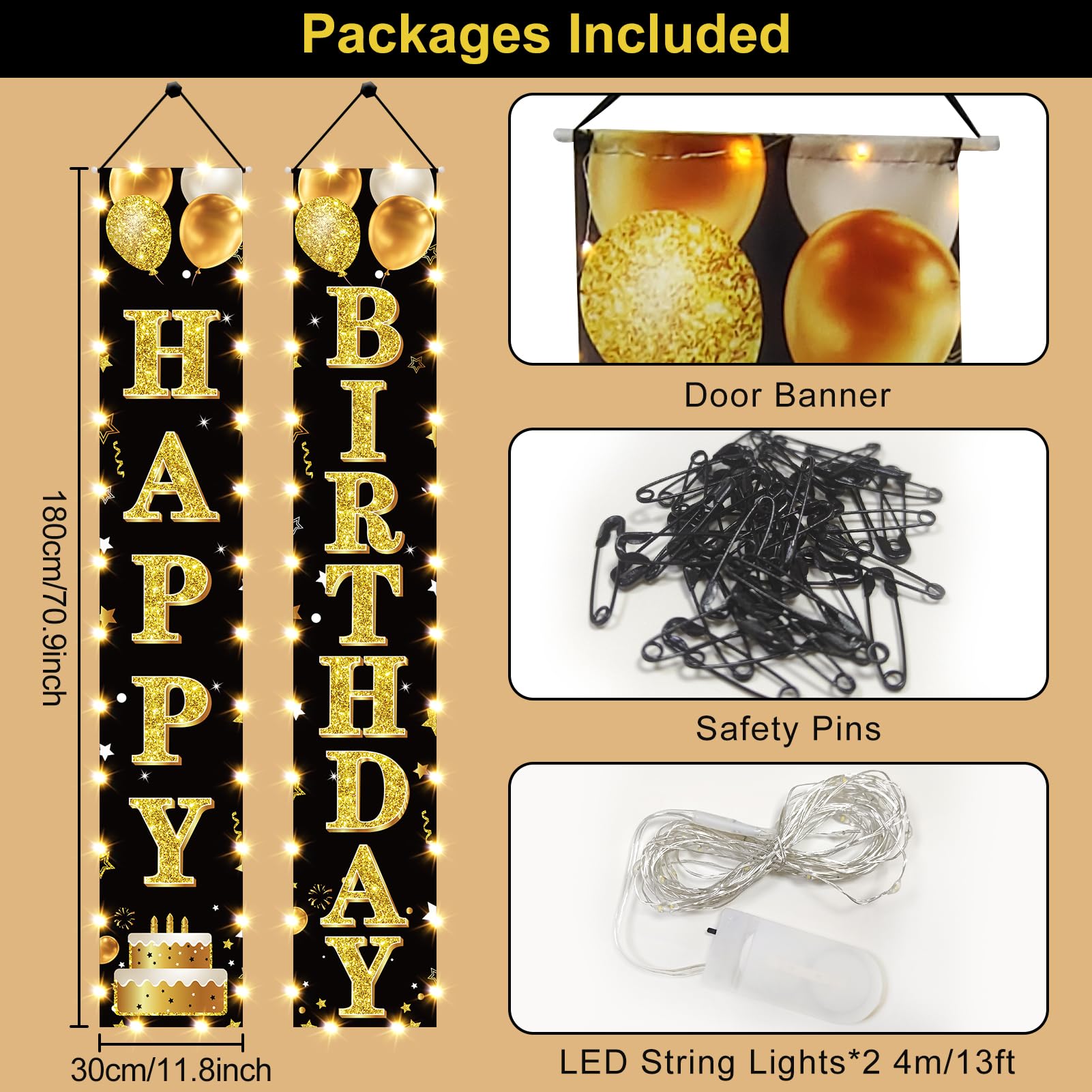 Guiruiy Birthday Lighted Banner Decorations for Men Women - Black Gold Happy Birthday Porch Sign with LED Light Party Supplies, 16th 21st 30th 40th 50th 60th 70th 80th 90th Bday for Indoor Outdoor