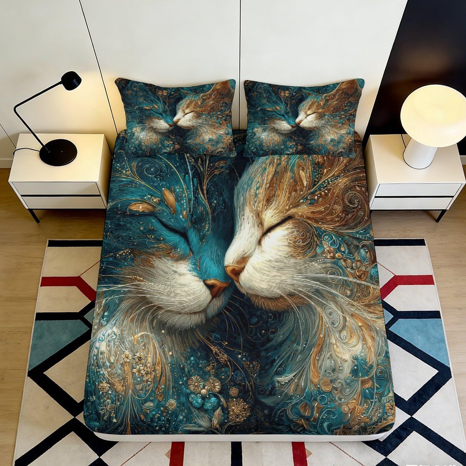 Uynsixtme Style-10 3D Printed Cat Design Fitted Sheet Microfiber Deep Pocket Non-Slip Bed Wrap Cat Mattress Fitted Cover For Adults Teens 140X200x25cm