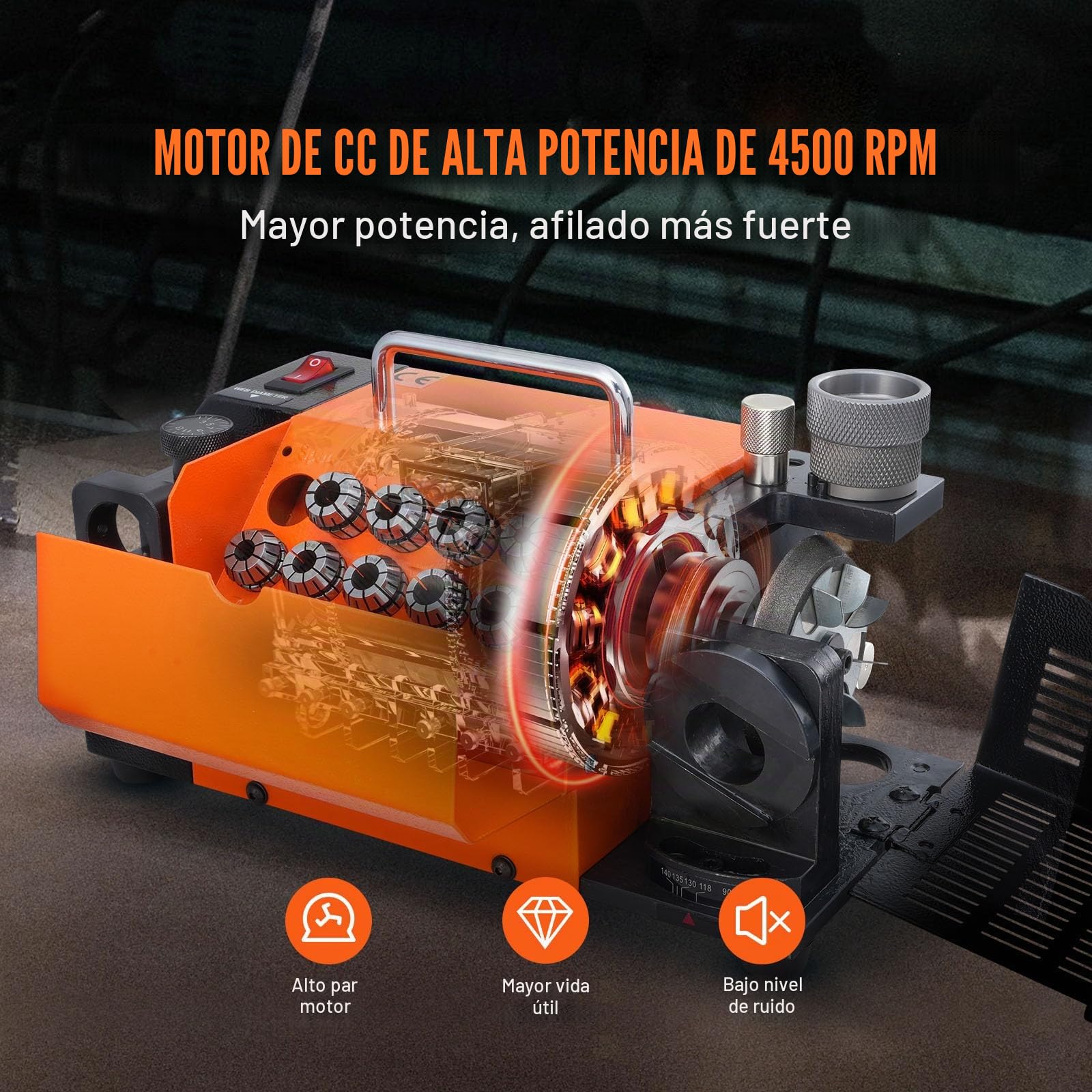 VEVOR Afilador de Brocas MR-13A Afilador de Fresas 3-13 mm Ángulo de Punta Ajustable de 95° a 135° Afilador Portátil 120 W 4500 rpm con 11 Abrazaderas, Muela CBN y SDC, 285x135x160 mm