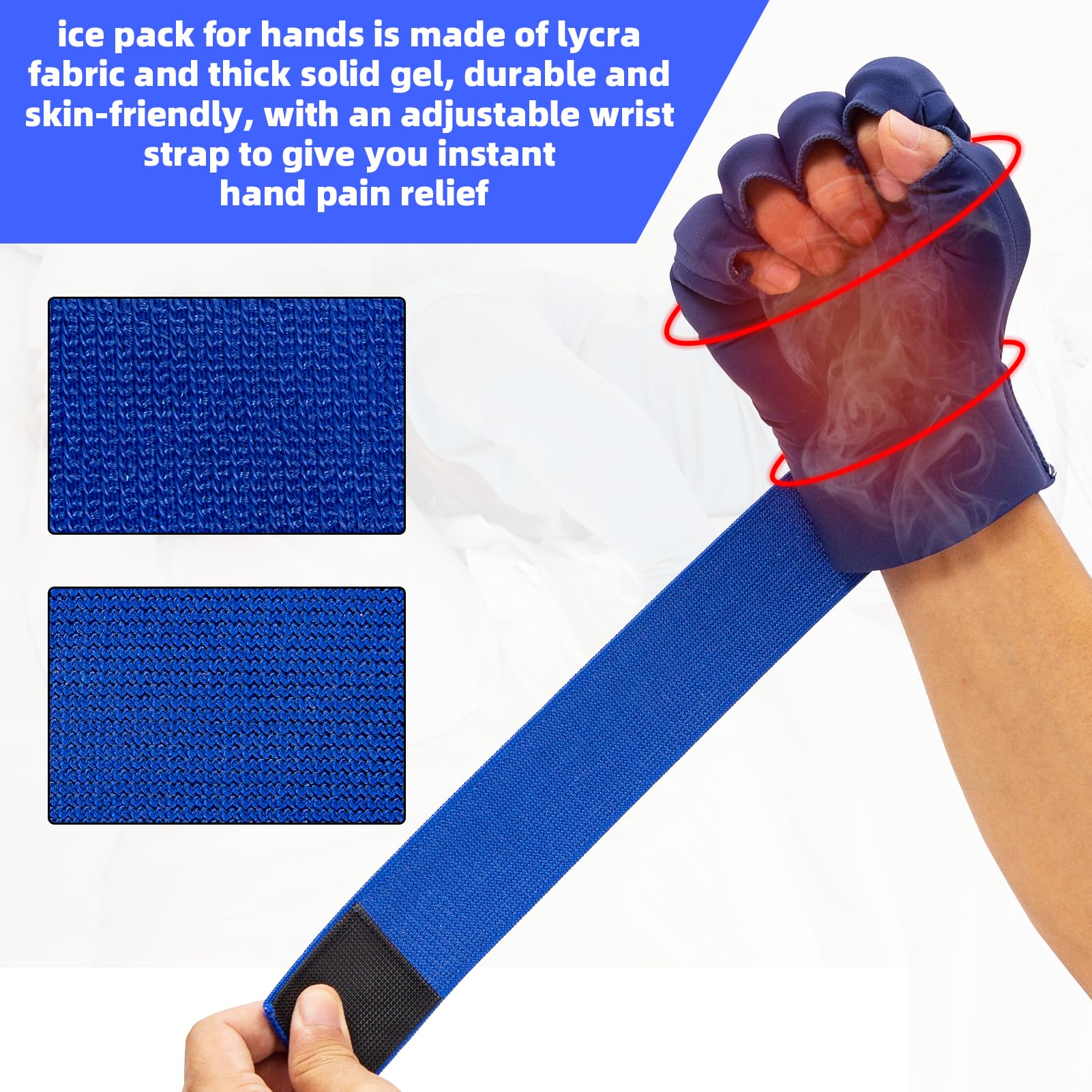2 guantes de compresión para artritis de dedos para aliviar el dolor, terapias ajustables para frío y calor, bolsa de hielo de muñeca, guantes de hielo de gel azul reutilizables, manga de bolsa de