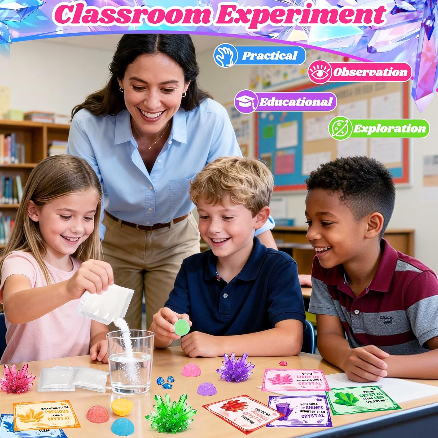 24PCS Crystal Growing Kit Valentines Day Gifts for Kids, Science Kits with Valentines Day Cards for Kids School Exchange STEM Science Experiments Planting Crystal Classroom Party Favors Boys Girls
