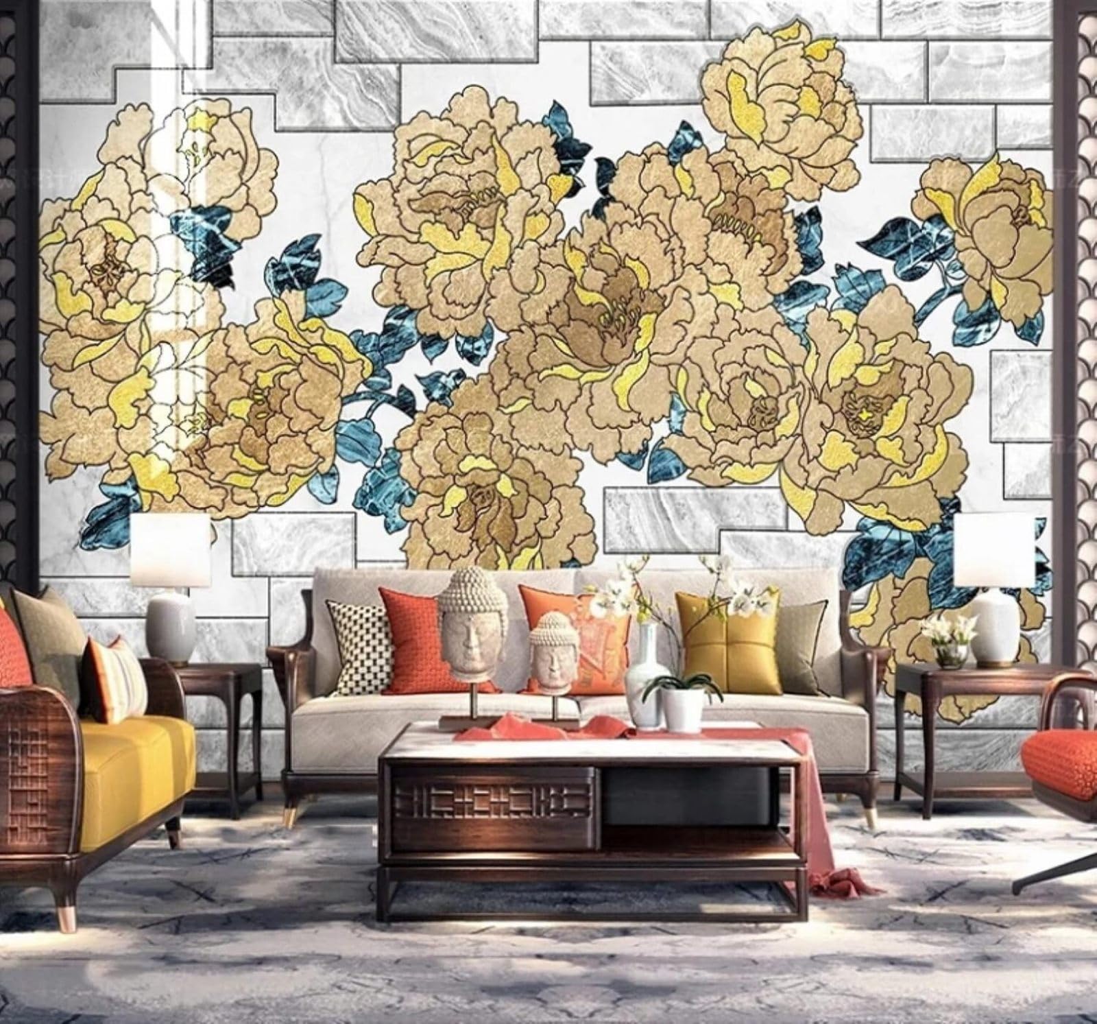 XLMING Vintage Brick Wall Hand Drawn Beautiful Peony 3D Wallpaper Luxury Home Dining Decor Paste Sofa Living Room The Wall for Bedroom Mural-430cm×300cm