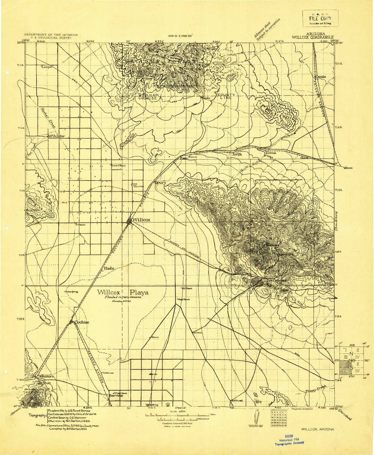 Willcox AZ topo map, 1:125000 Scale, 30 X 30 Minute, Historical, 1922, 21.8 x 18 in