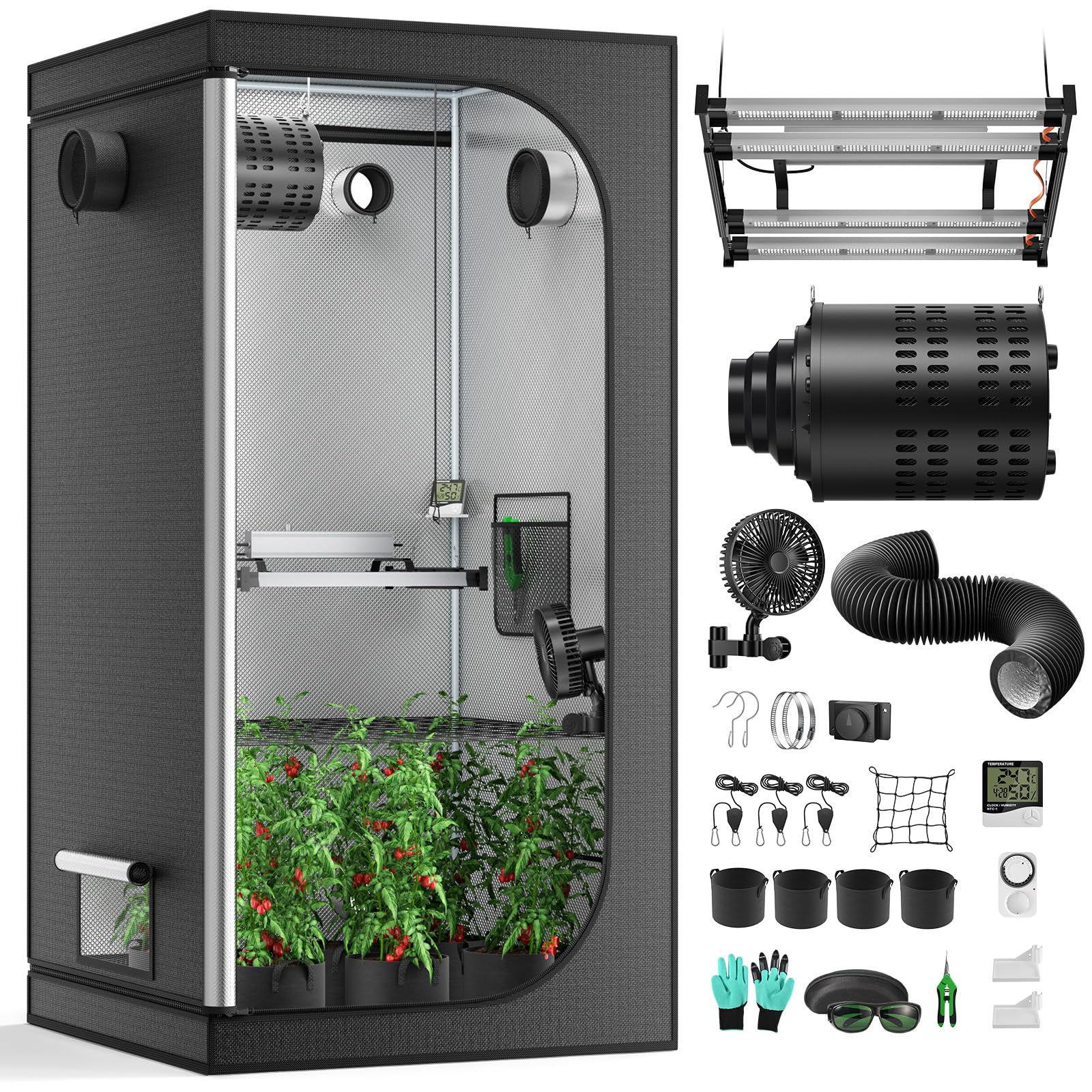 Growzelt Komplettset, 240W 100X100X200cm Vollspektrum LED Wachstumslampe mit integriertem Controller und 17cm Automatischer Belüftungssat mit Kohlefilter, Hydroponics Grow Zelt mit Thermometer