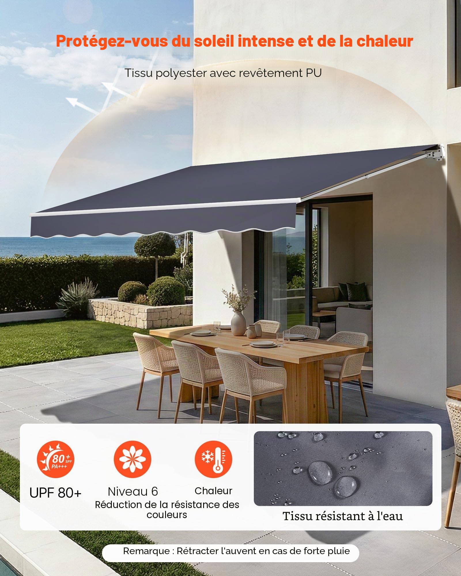 VEVOR Store Banne Manuel 400x300 cm Auvent Rétractable pour Terrasse et Balcon, Extérieur, Devantures de Cafés, de Restaurants, de Boutiques, avec Manivelle, Angle d'Inclinaison 45°-85°, Gris Foncé