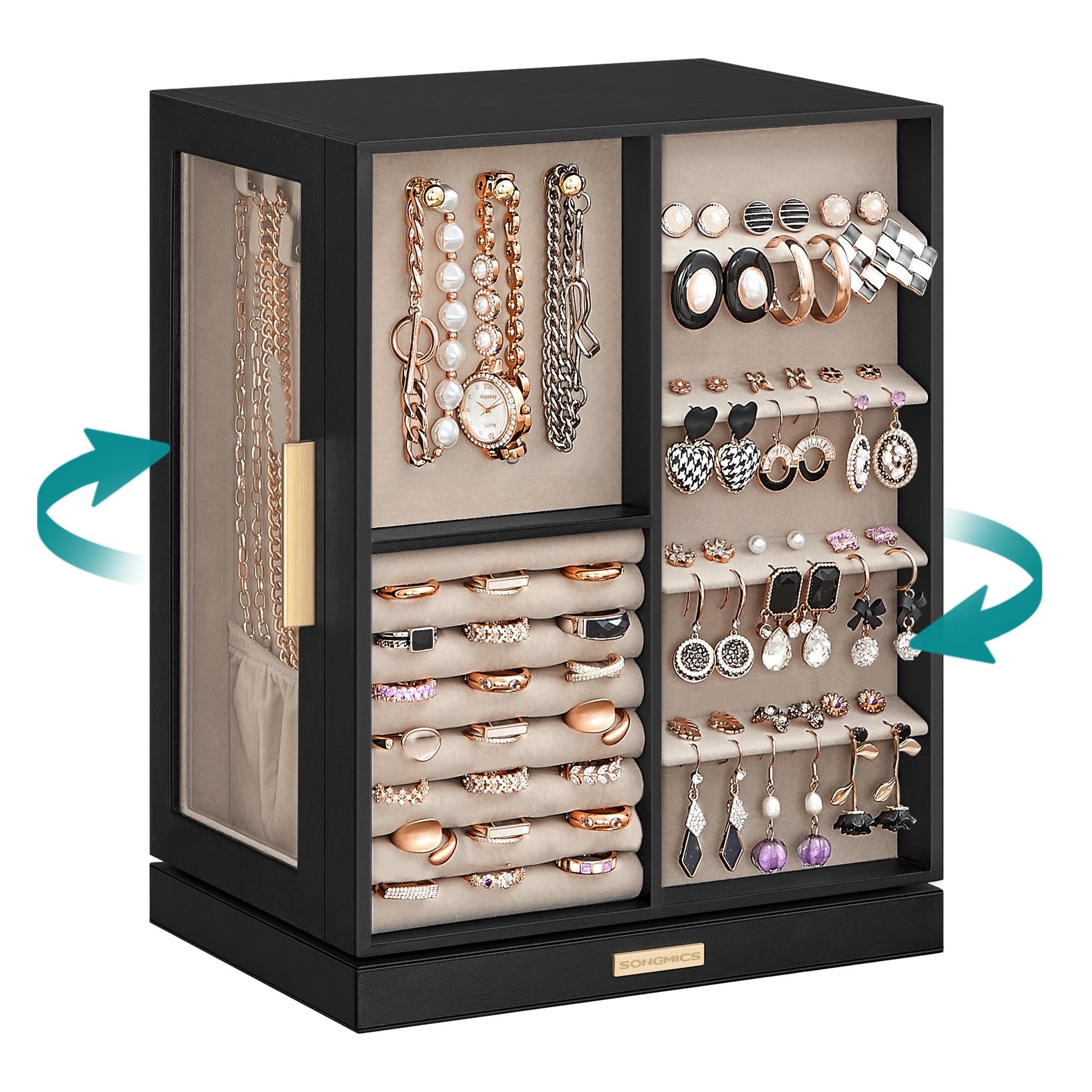 SONGMICS GISELLA Collection - Jewellery Box Organiser 360° Rotating, Vertical Jewellery Display Case with 5 Drawers, Glass Window, Spacious, Open Design, Great Gift, Ink Black JBC170B01