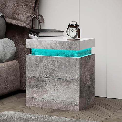 Mesita de noche de mármol sintético negro, estación de carga y luces LED, moderna mesita de noche de alto brillo, mesita de noche con 2 cajones,