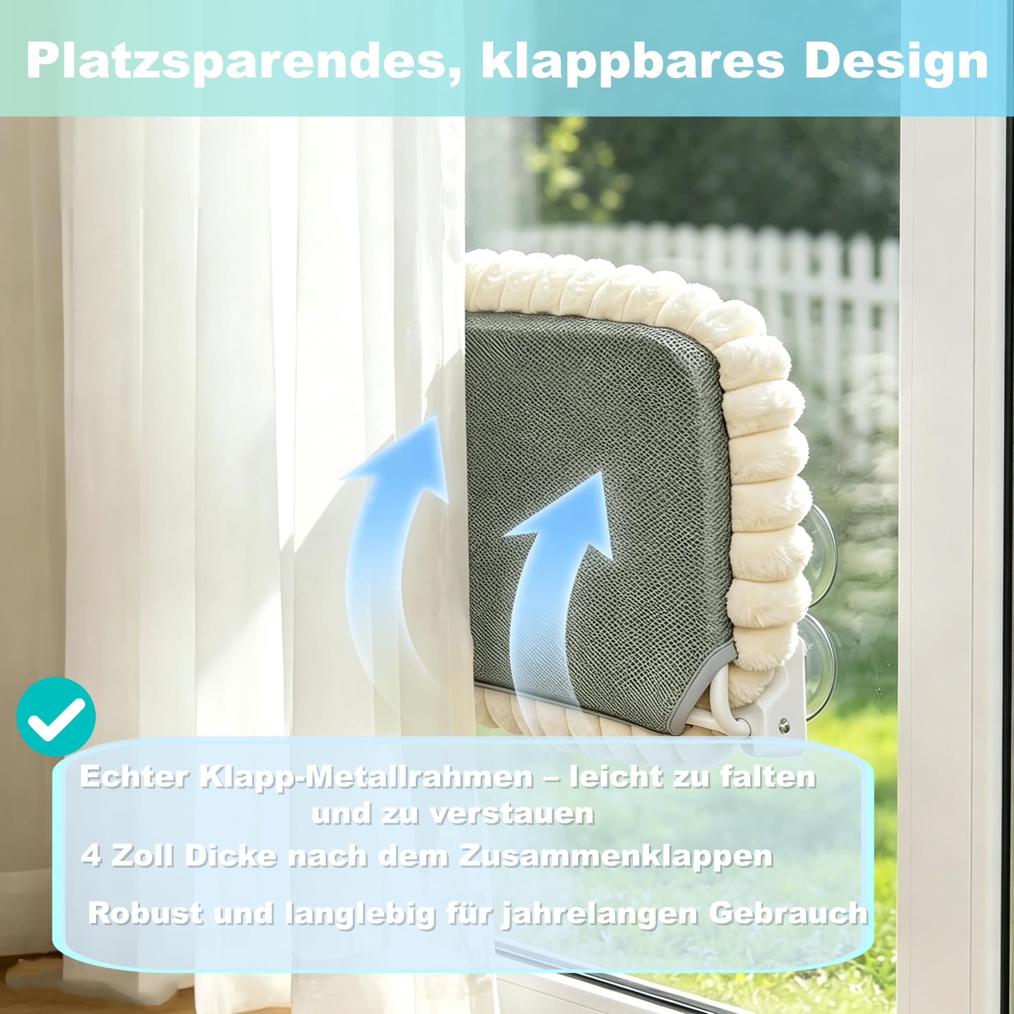 Katzen Fensterliege Faltbar mit 4 Saugnäpfen, weiche Kuschelliege & atmungsaktive Netzseite, extra groß 55 x 40 cm, Robustes Stahlgestell, sichere Saugnapfbefestigung für Katzen bis 20 kg (Grau)