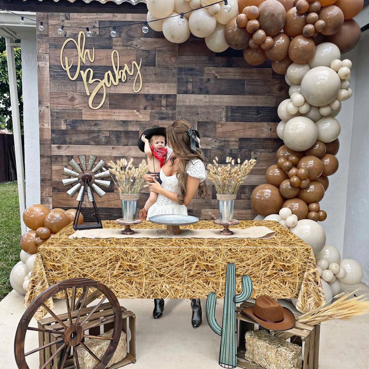 PTECDROTS 2Pcs Straw Tablecloths and 2Pcs Wood Tablecloths Rectangular Straw Wood Grain Table Decorations for Farm Party Cowboy Western Theme Party Supplies - Image 4