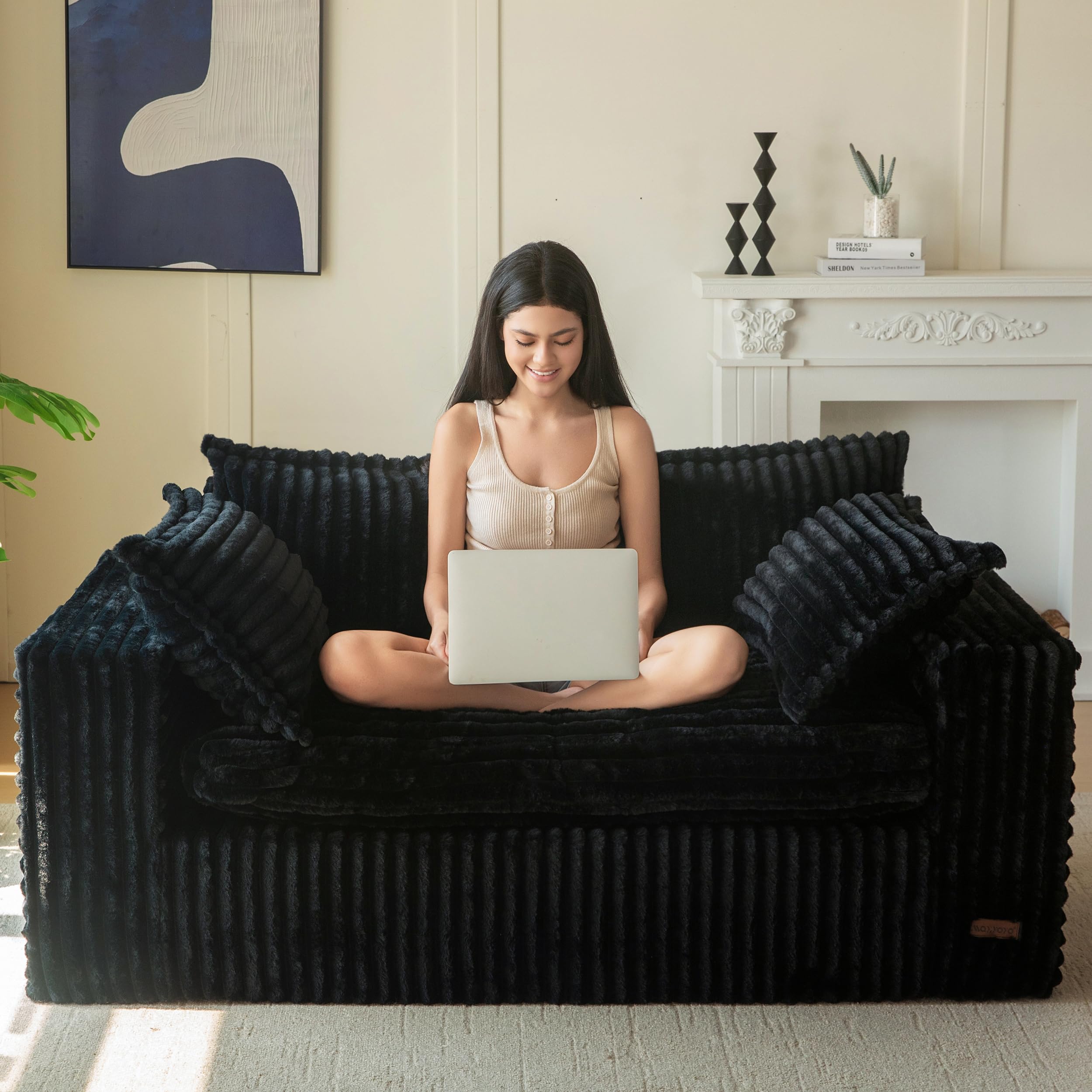 MAXYOYO 59 Bean Bag Sofa Couch Loveseat Boneless Couch in a Box Upholstered Small Mini Sofa with Deep