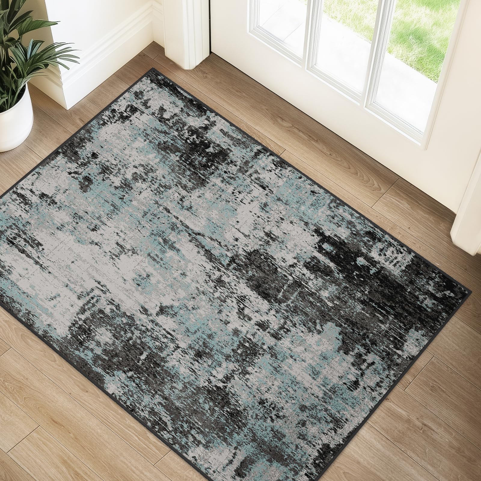 Washable Area Rugs 2'x3' Non-Slip Modern Abstract Soft for Living Room Entryway Bedroom, Print Pattern, Blue Black Teal
