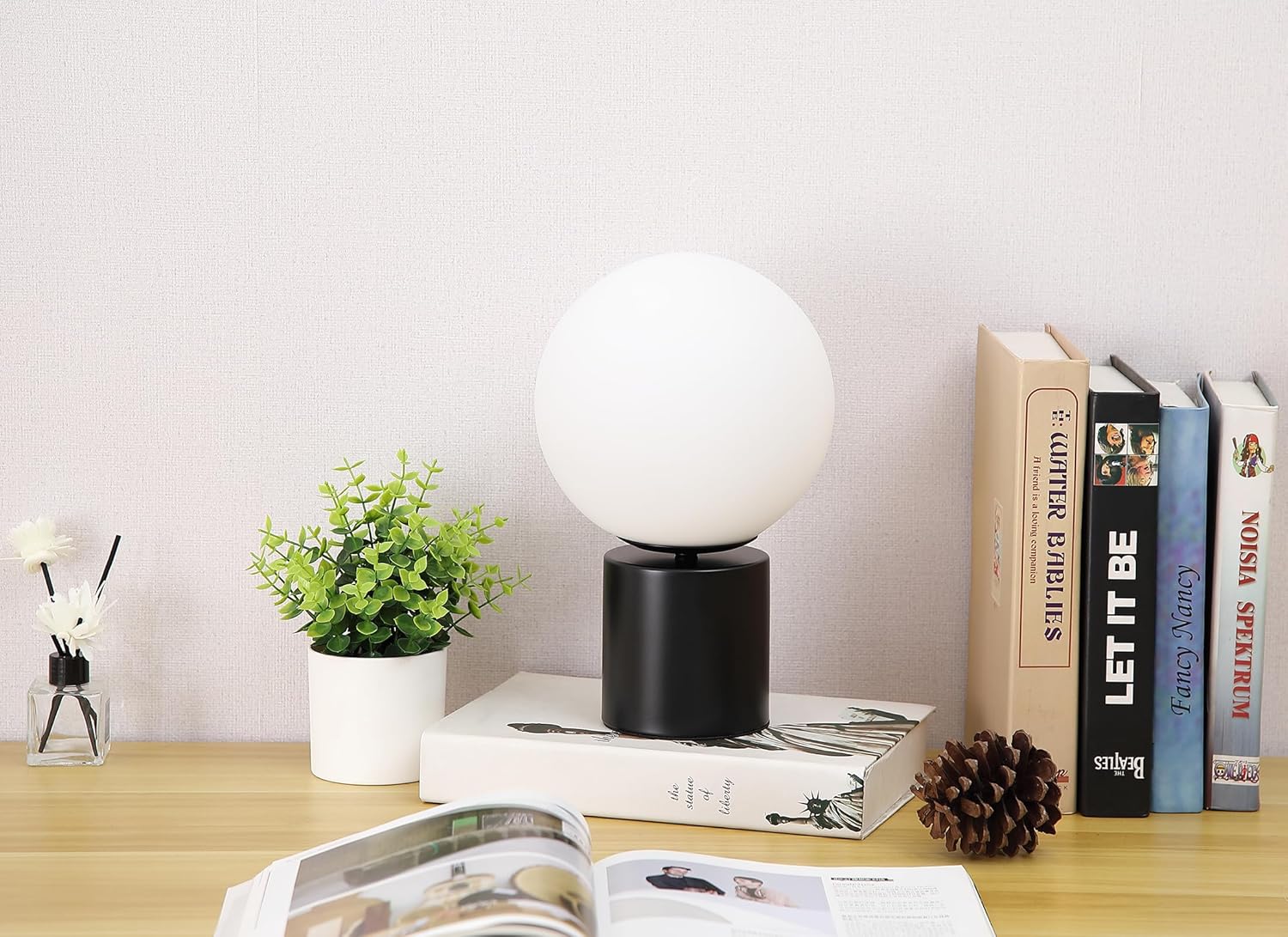 11 Inch Mid Century Modern Table Lamp, Black Bedside Lamp with White Glass Globe Shade, Metal Base Small Nightstand Lamp for Bedroom Kitchen Living Room End Table, Bulb Included