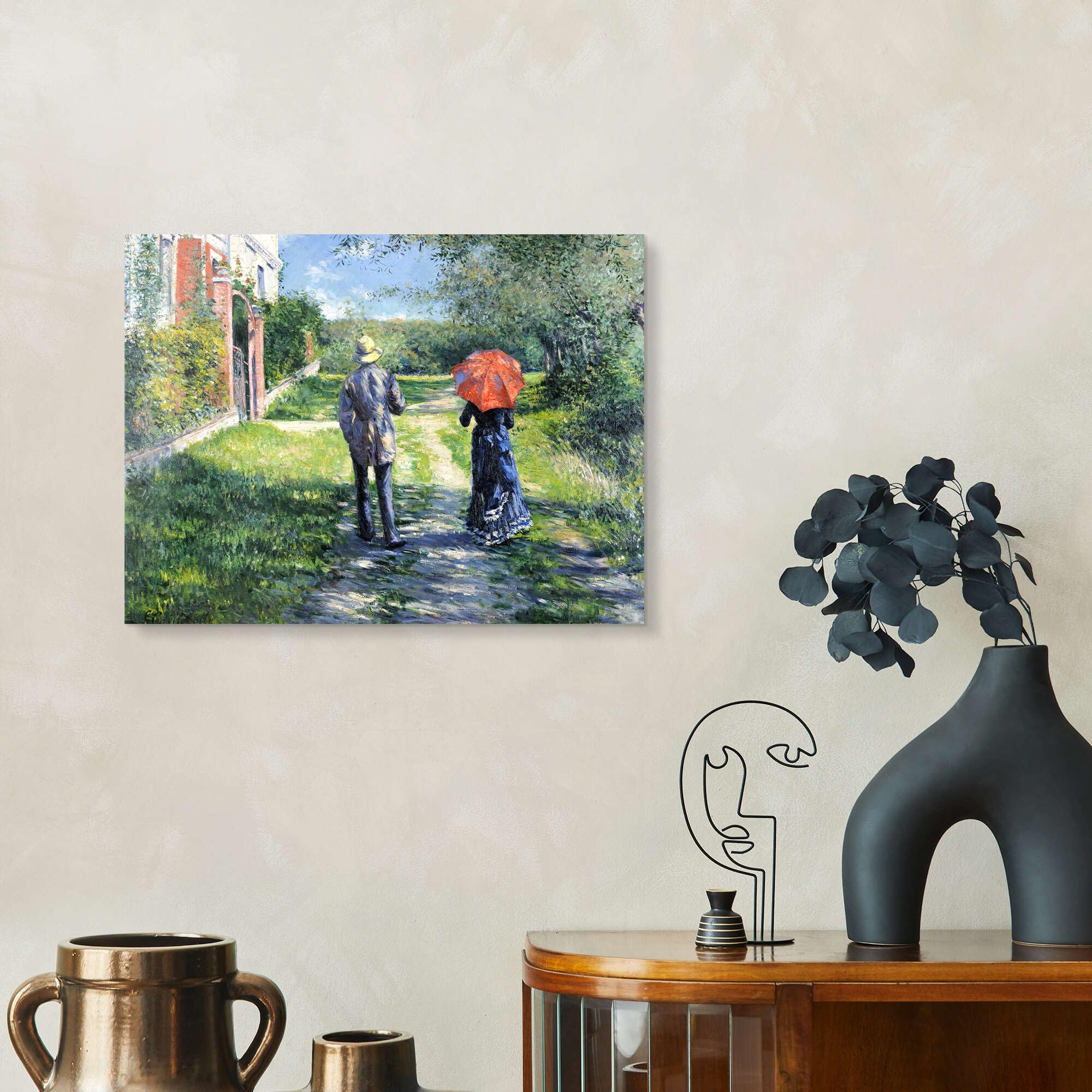 Posterlounge Paar beim Spaziergang Acrylglasbild | 80 x 60 cm von Gustave Caillebotte Grün Wandbilder Wanddeko