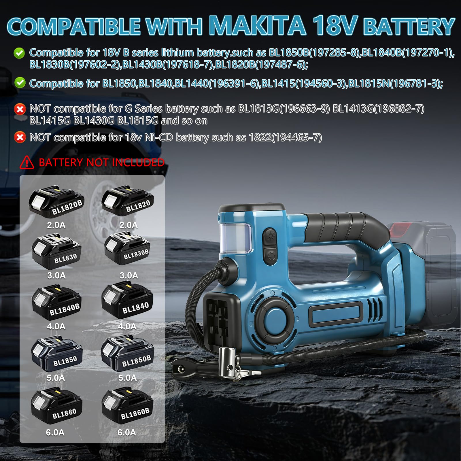 Inflador Compresor compatible con Makita 18 V, Compresor de Aire Portátil con Manómetro Digital para Coche, Moto, Pelotas de Bicicleta, Presión Máxima de Aire 830 kPa (sin batería)