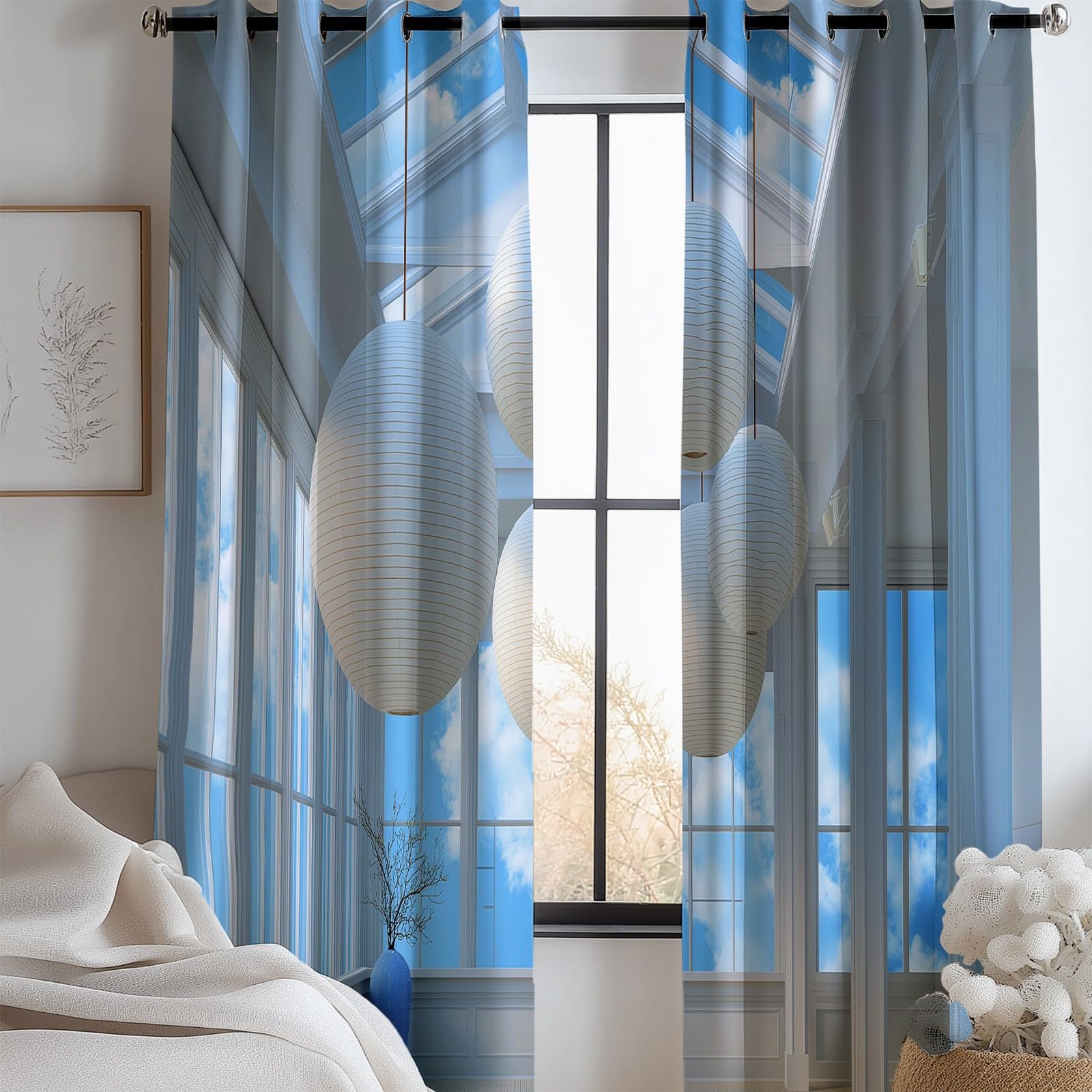 Générique Rideaux Occultants Enfant Lanternes Nuages 110 x 215 cm (L x H), Isolation Phonique à Œillets Plafond, pour Chambre Garçon (2 Panneaux) Bleu Clair