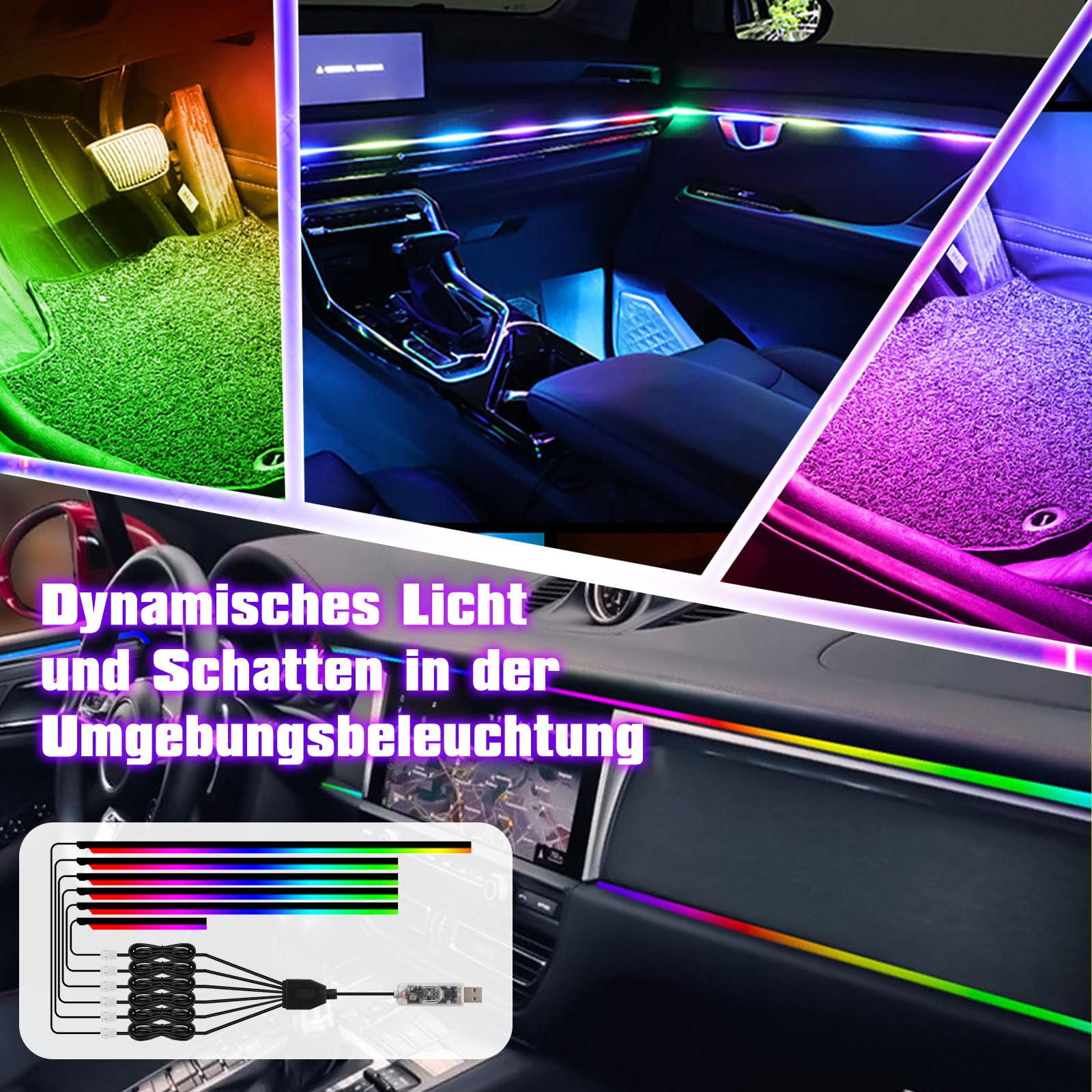 Oświetlenie wewnętrzne LED do samochodu, 6/10 w 1, RGB, akrylowa taśma z aplikacją i pilotem zdalnego sterowania, neonowe listwy świetlne, wielokolorowa, migająca zmiana kolorów z muzyką (bez światła