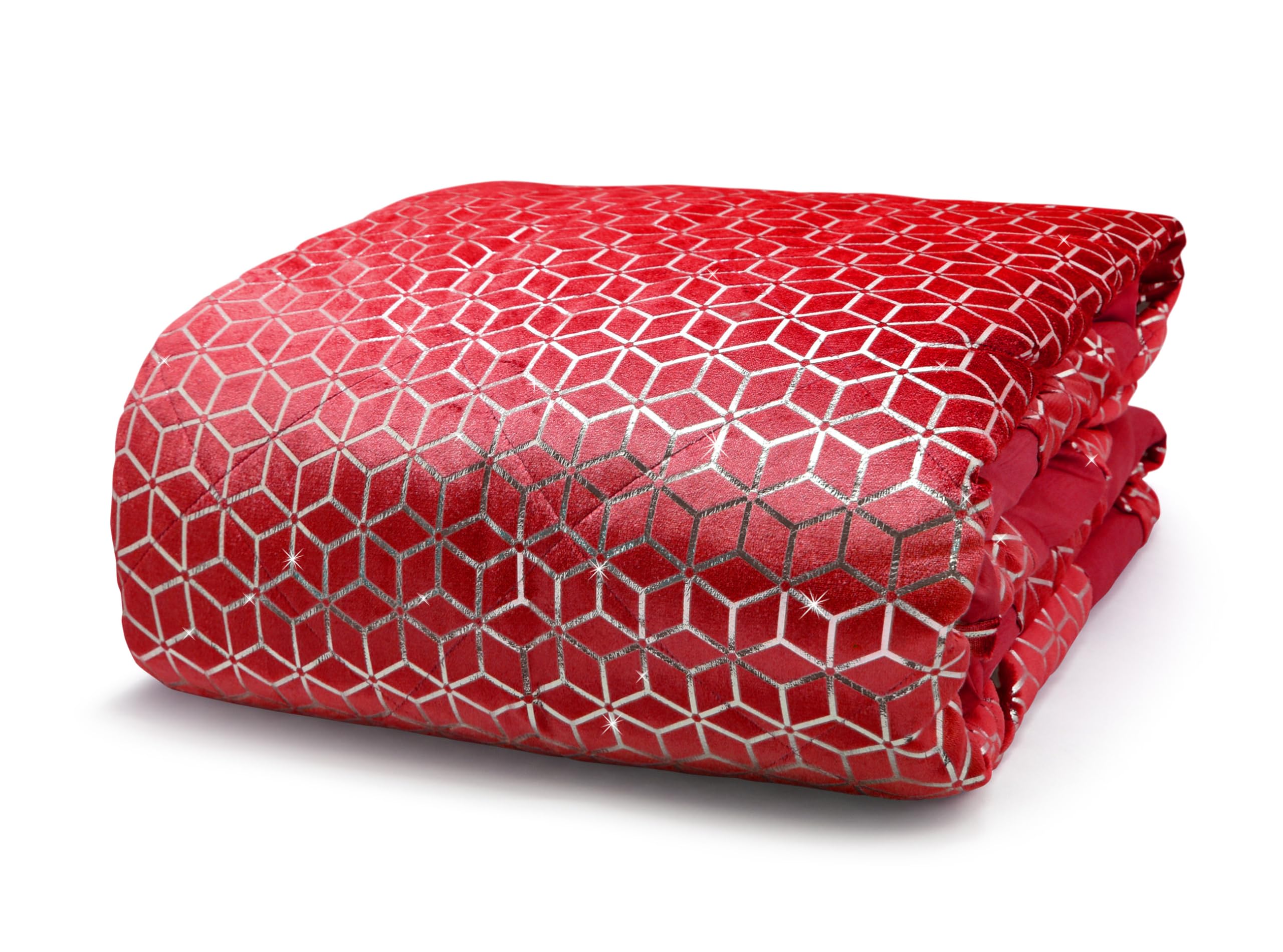 Intimates Velvet Quilted Bedspread, Reversible Silver Geometric Foil Design, Soft Machine Washable Double Bedspread, Red (229 ร 254 cm)
