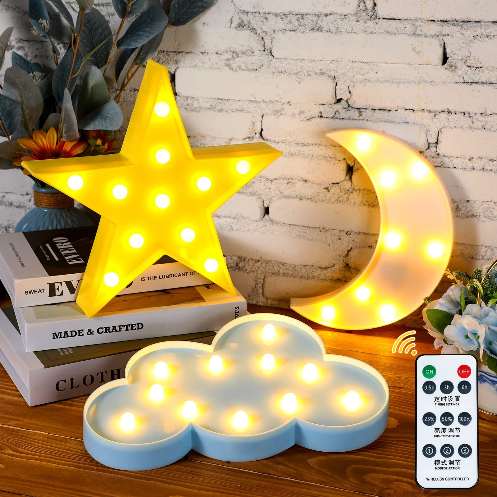 KASTWAVE 3 Pcs Decorative Star Cloud Moon Night Lights LED Nursery Crescent Night Signs Cute Remote Control Moon Night Lamp Battery Operated for Baby Shower Kids Bedroom Nursery Wall Decorations