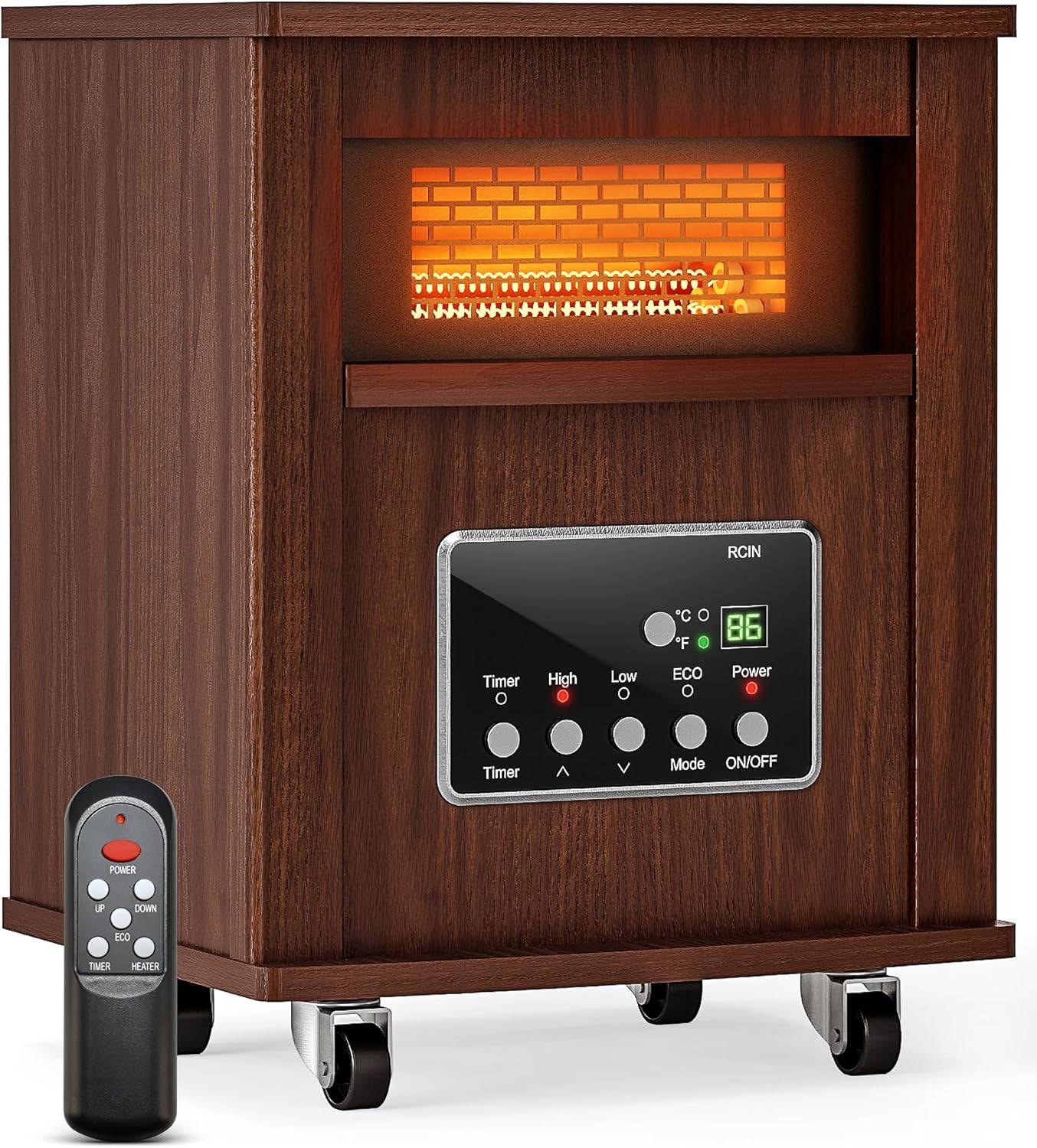 Infrared Space Heater for Indoor Use - 1500W Portable Box Heater with Wood Cabinet, Remote Control & 12H Timer, Quiet Electric Heater with Safety Protection for Bedroom Living Room Office Walnut Color