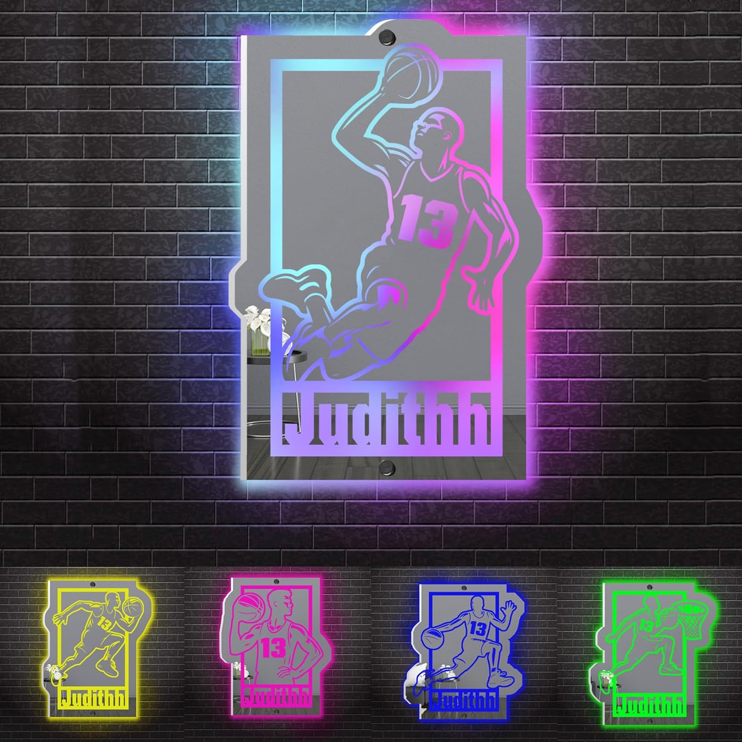 Personalized Basketball Player Name Mirror LED Lights Basketball Sport