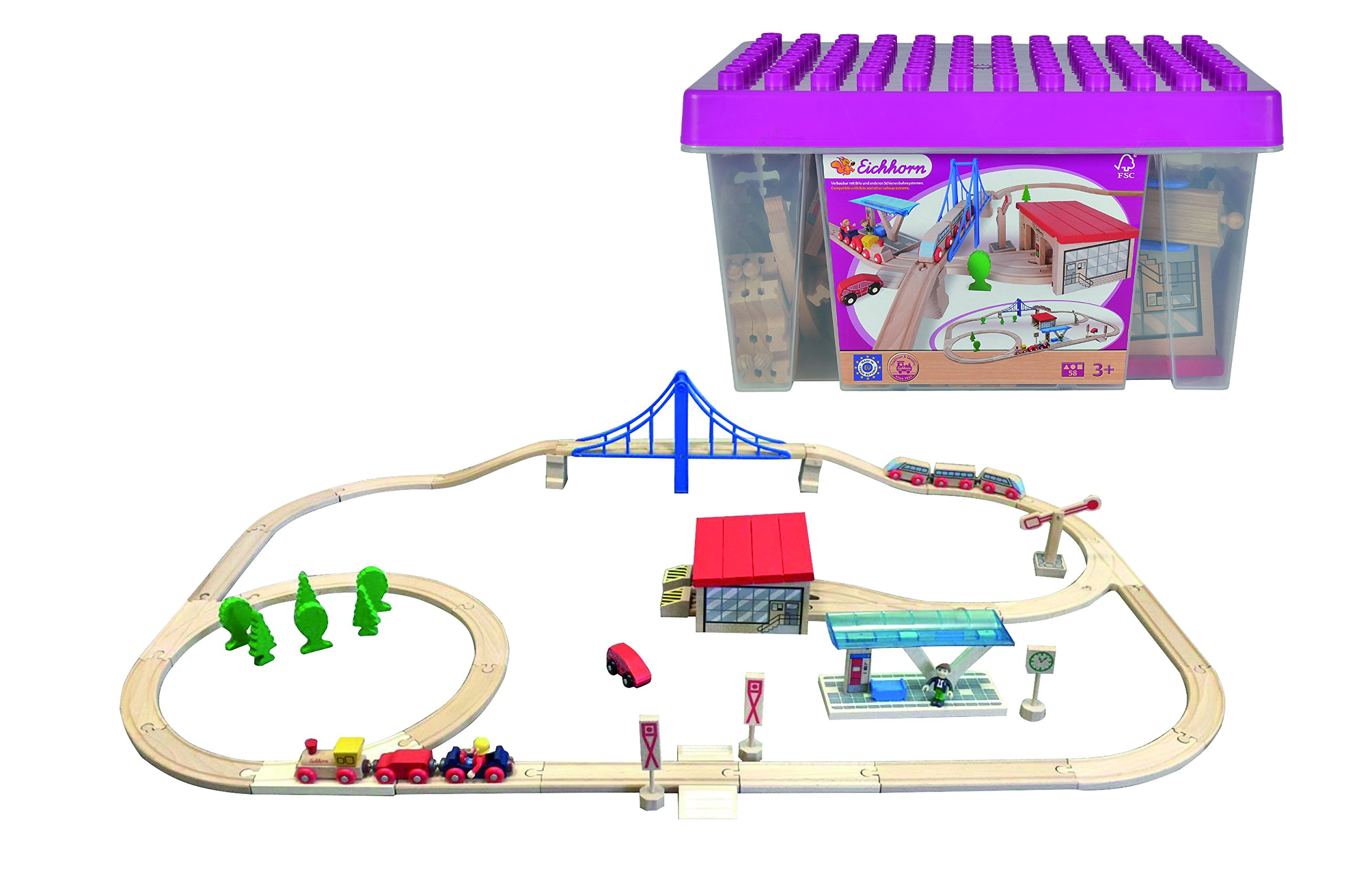 Eichhorn Large Wooden Train Set (58 Piece), Brown