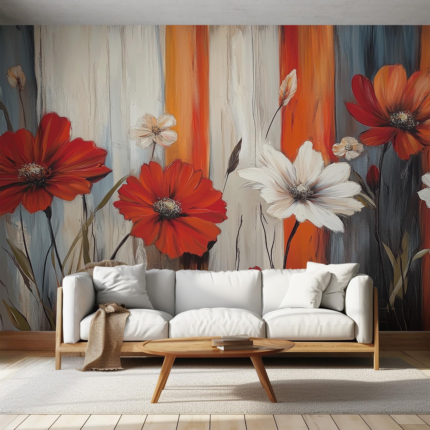 Papier Peint Rouge Beige, Motif Marguerites Rustique et rétro, pour Salon, Chambre, Papier Peint intissé, Photo Murale pour Chambre d'enfant, Couloir, Salon, 200 x 140 cm