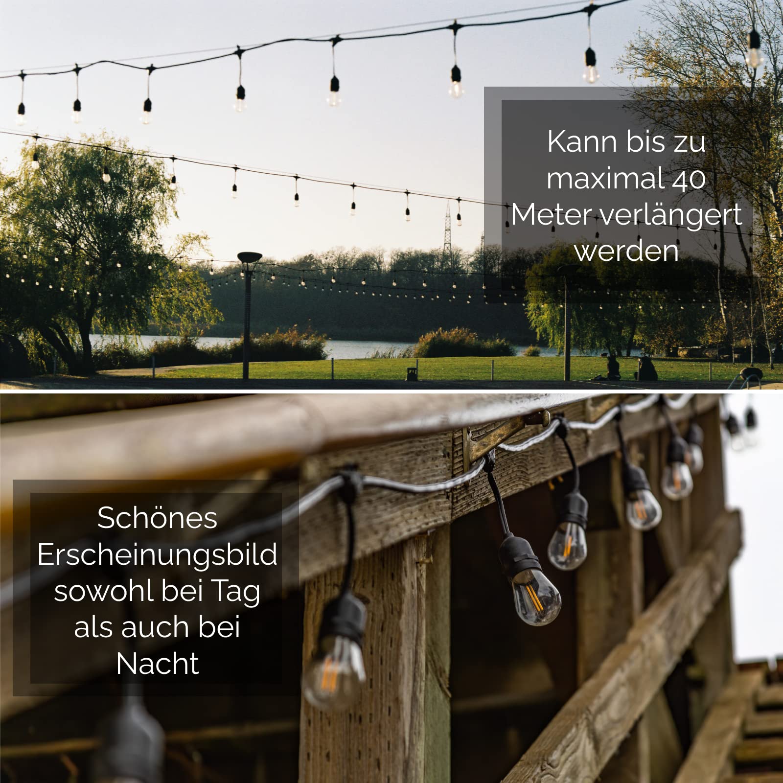 Lumiled Lichterkette Außen 20 Meter 20 Fassungen E27 230V für Garten Biergarten Party Hochzeit Dekoration Terrasse Weihnachten Girlanden verlängerbar Wetterfeste Terrassenbeleuchtung mit Strom