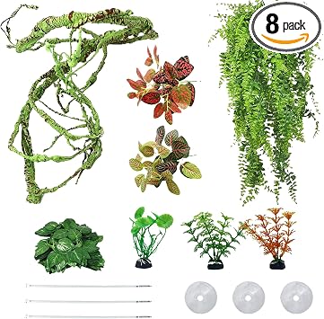 kathson 8 PCS Reptile Vines Plants Flexible Bendable Jungle Climbing Vine Terrarium Plastic Plant Leaves Pet Tank Habitat Decor for Bearded Dragons Lizards Geckos Snakes Frogs and More Reptiles