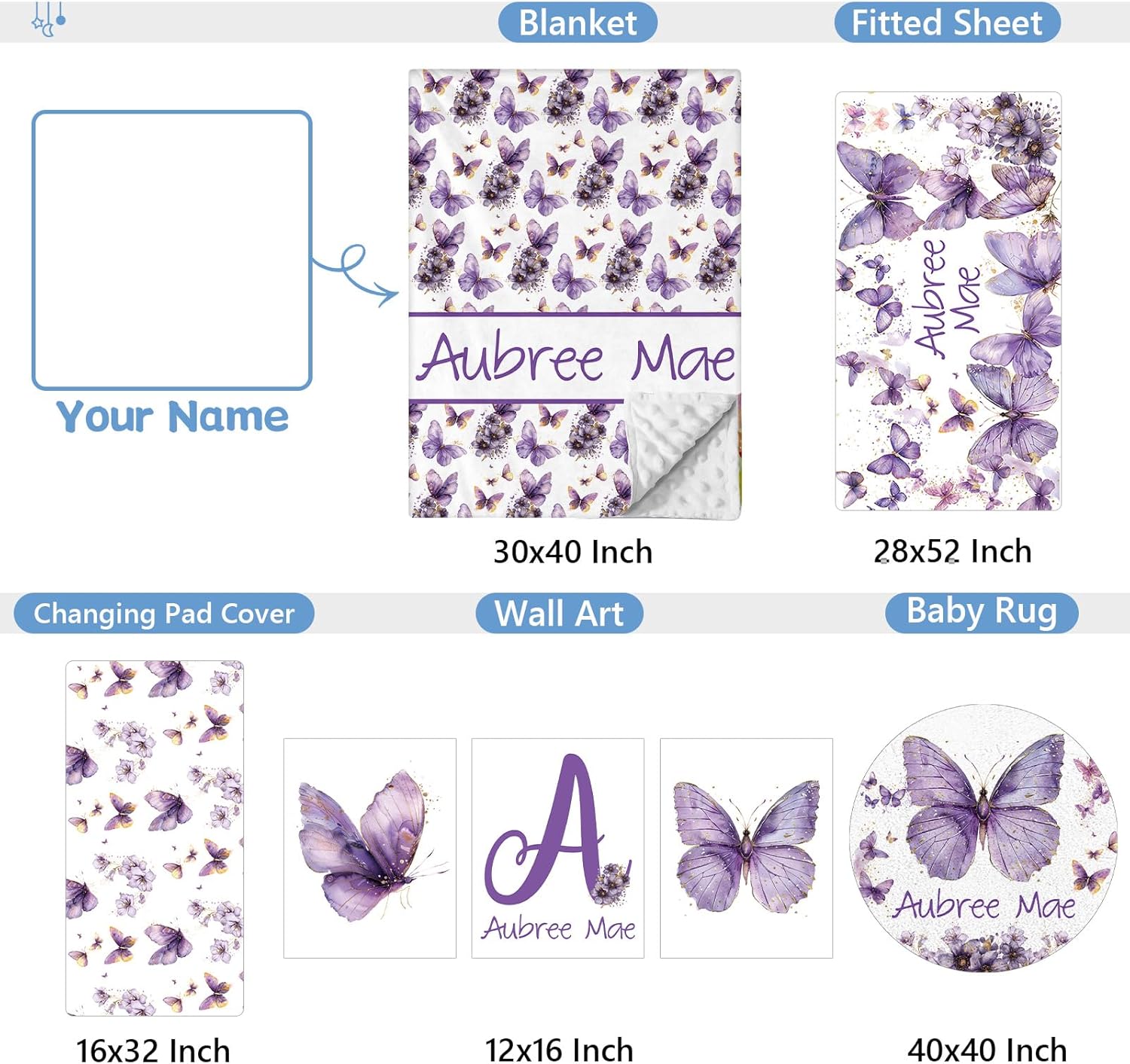 Custom Crib Bedding Set 5 Pcs for Baby Girls – Personalized Purple Butterfly Theme, Newborn Sleep Set, Nursery Decor, Toddler Room Essentials, Infant Sleep, Baby Room Accessories, Baby Gift