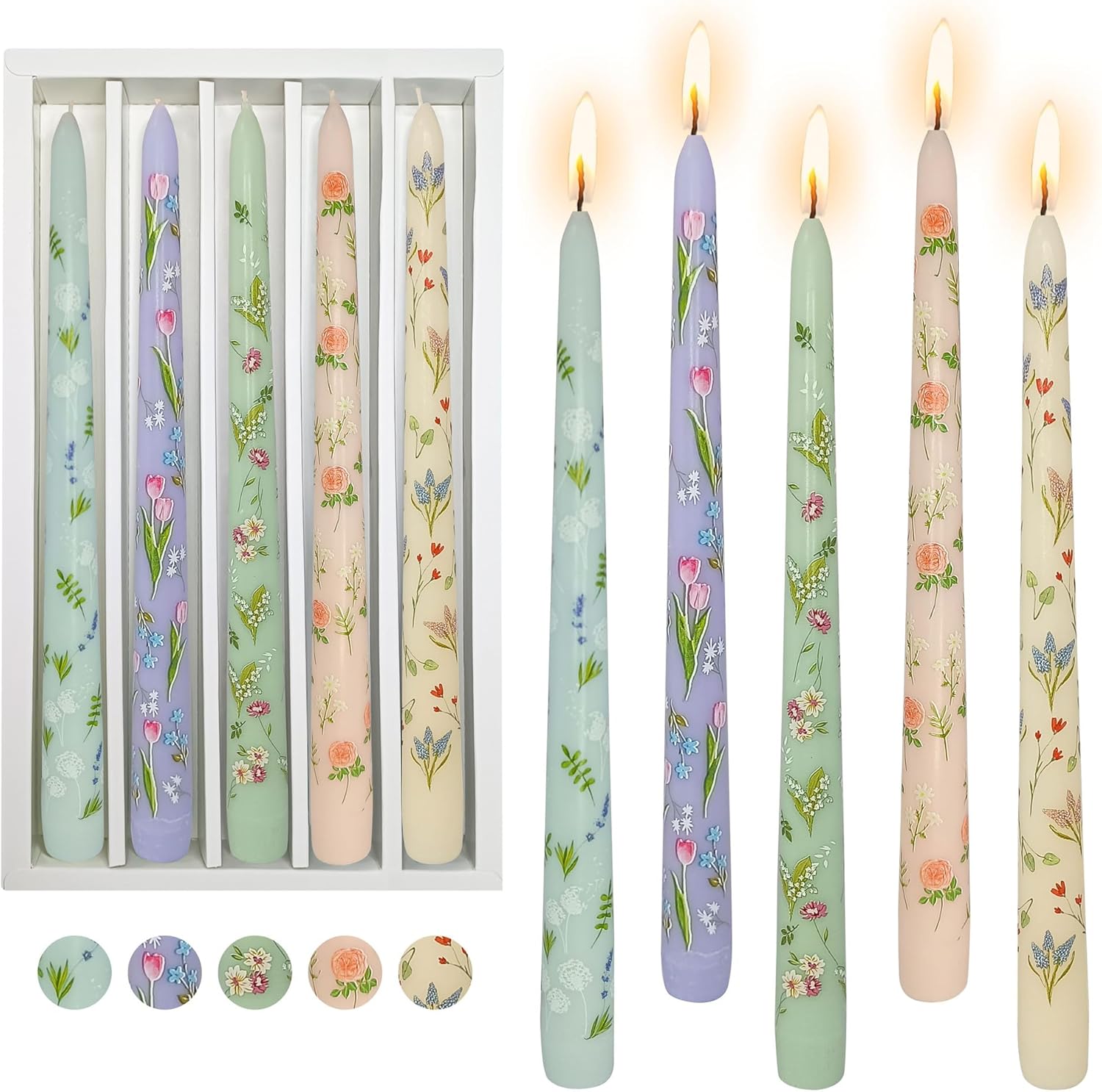 Floral Candle Sticks Printed Candlestick with 24pcs Taper Candle Wax Dots -Spiral Taper Candle Long Twisted Candlesticks 10inches Blue Flower Tapered Candles for Home Dinner Wedding Holiday