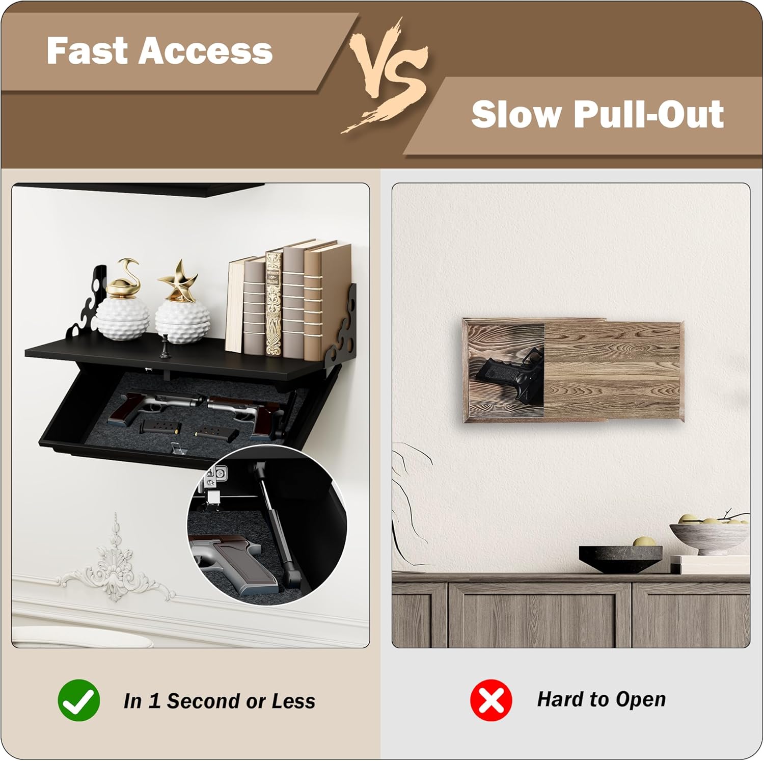 Compact Gun Shelf with Hidden Gun Drawer, Floating Wall Mount Gun Rack with Magnetic Lock for Home Decor,Solid Wood Concealment Shelf for Secure Storage